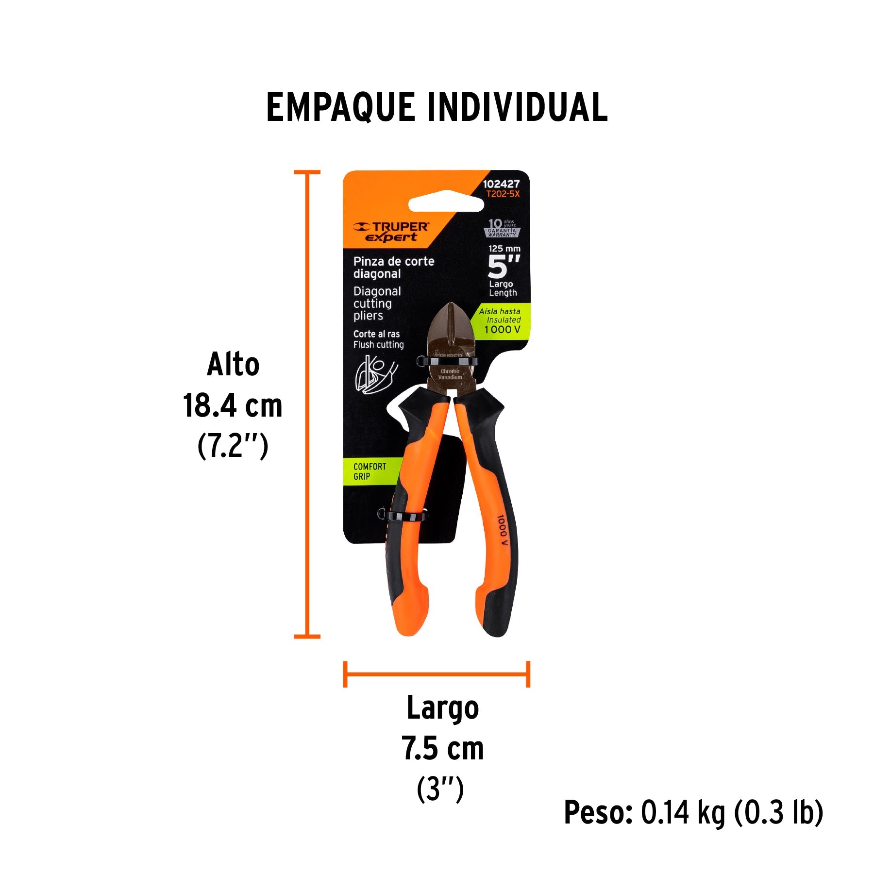 Pinza corte diagonal 5" alta palanca, Comfort Grip, EXPERT - Empaque