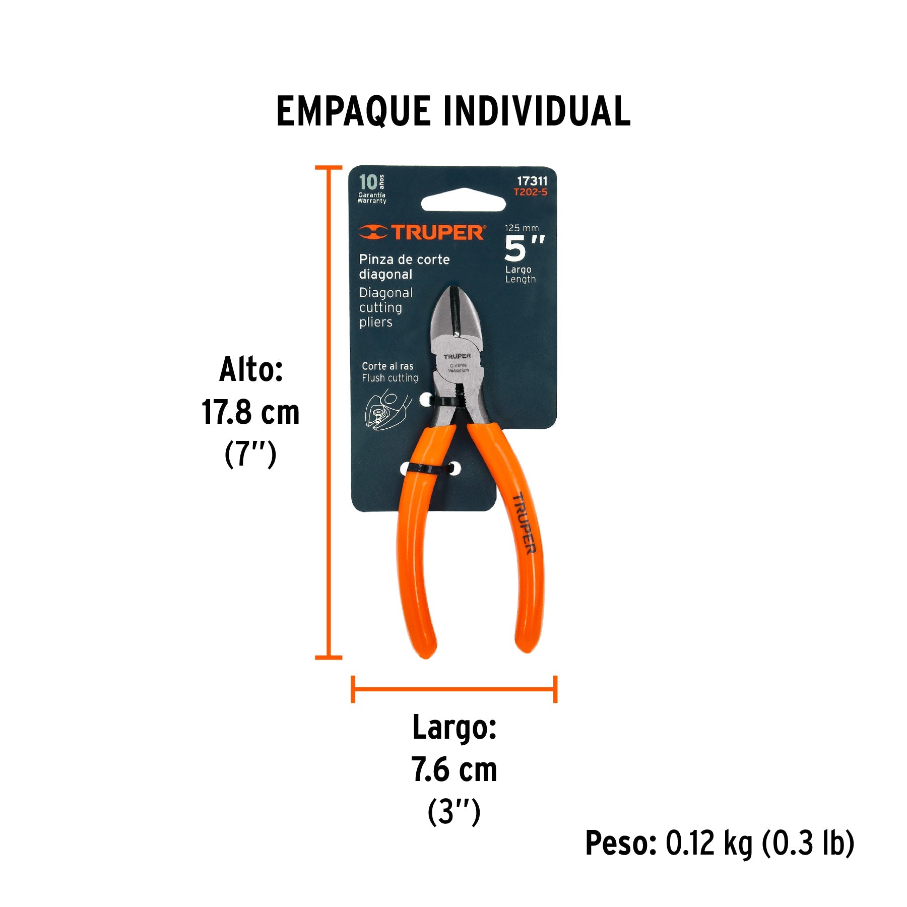 Pinza de corte diagonal 5" mango de PVC, TRUPER - Empaque