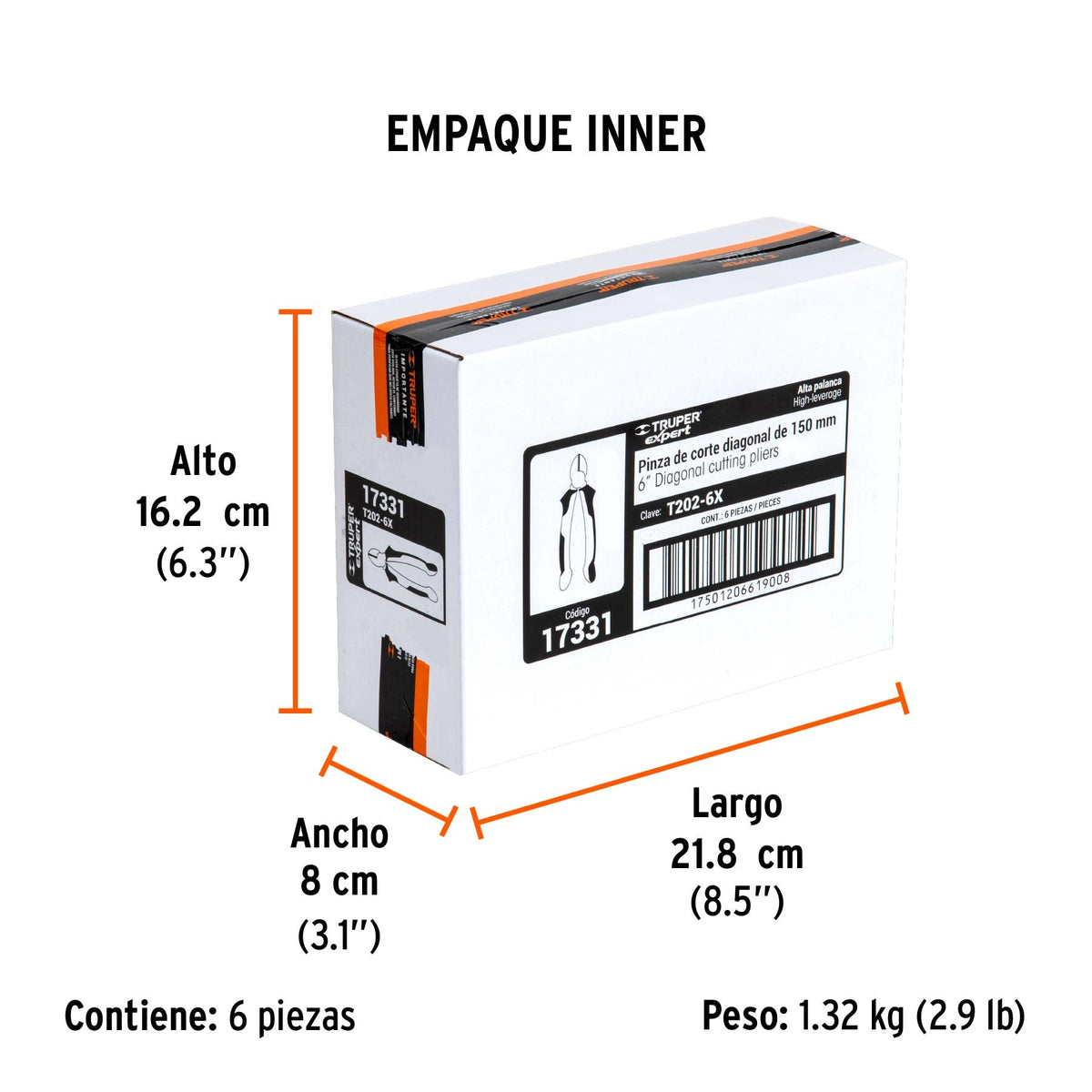 Pinza corte diagonal 6" alta palanca, Comfort Grip, EXPERT - Empaque
