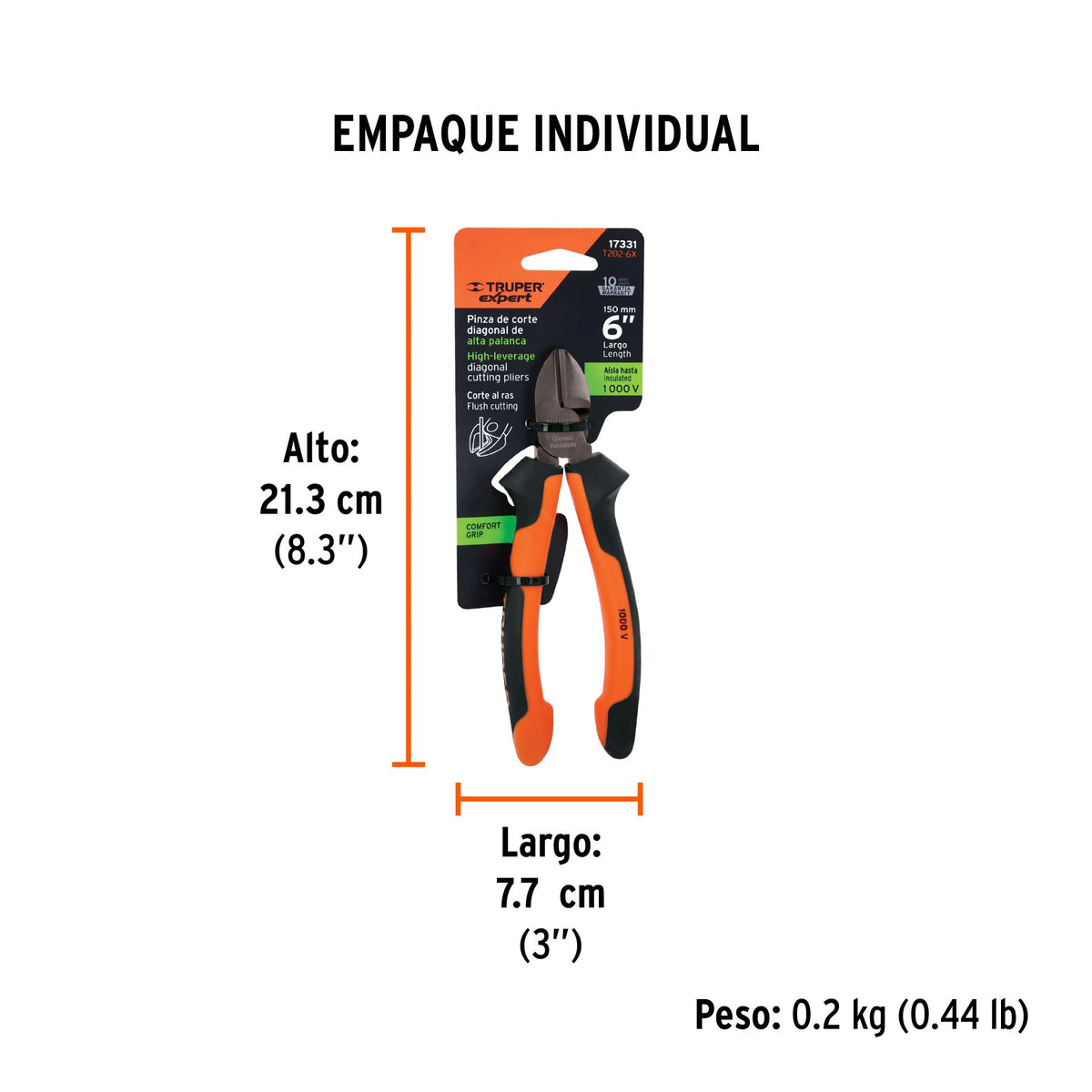 Pinza corte diagonal 6" alta palanca, Comfort Grip, EXPERT - Empaque