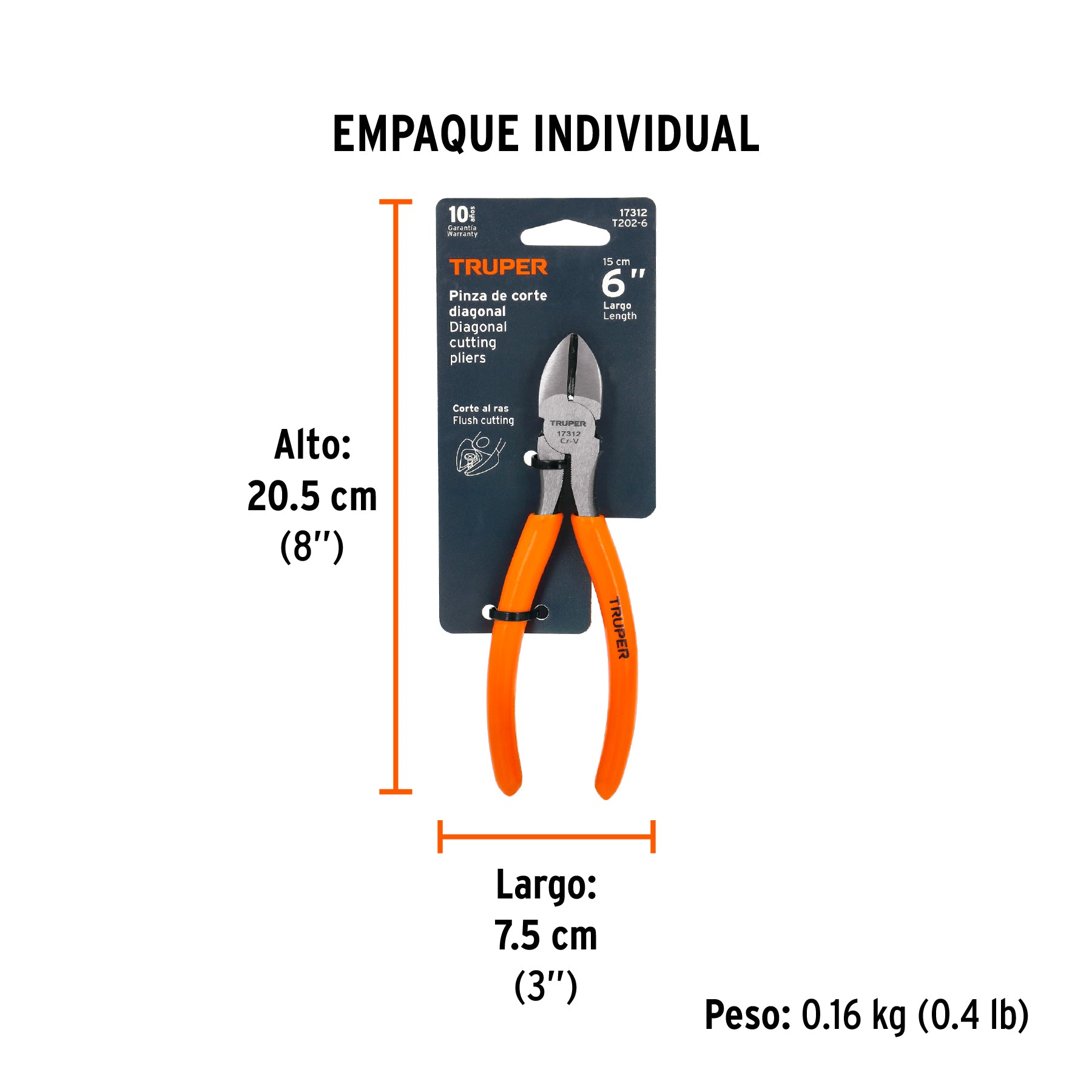 Pinza de corte diagonal 6" mango de PVC, TRUPER - Empaque