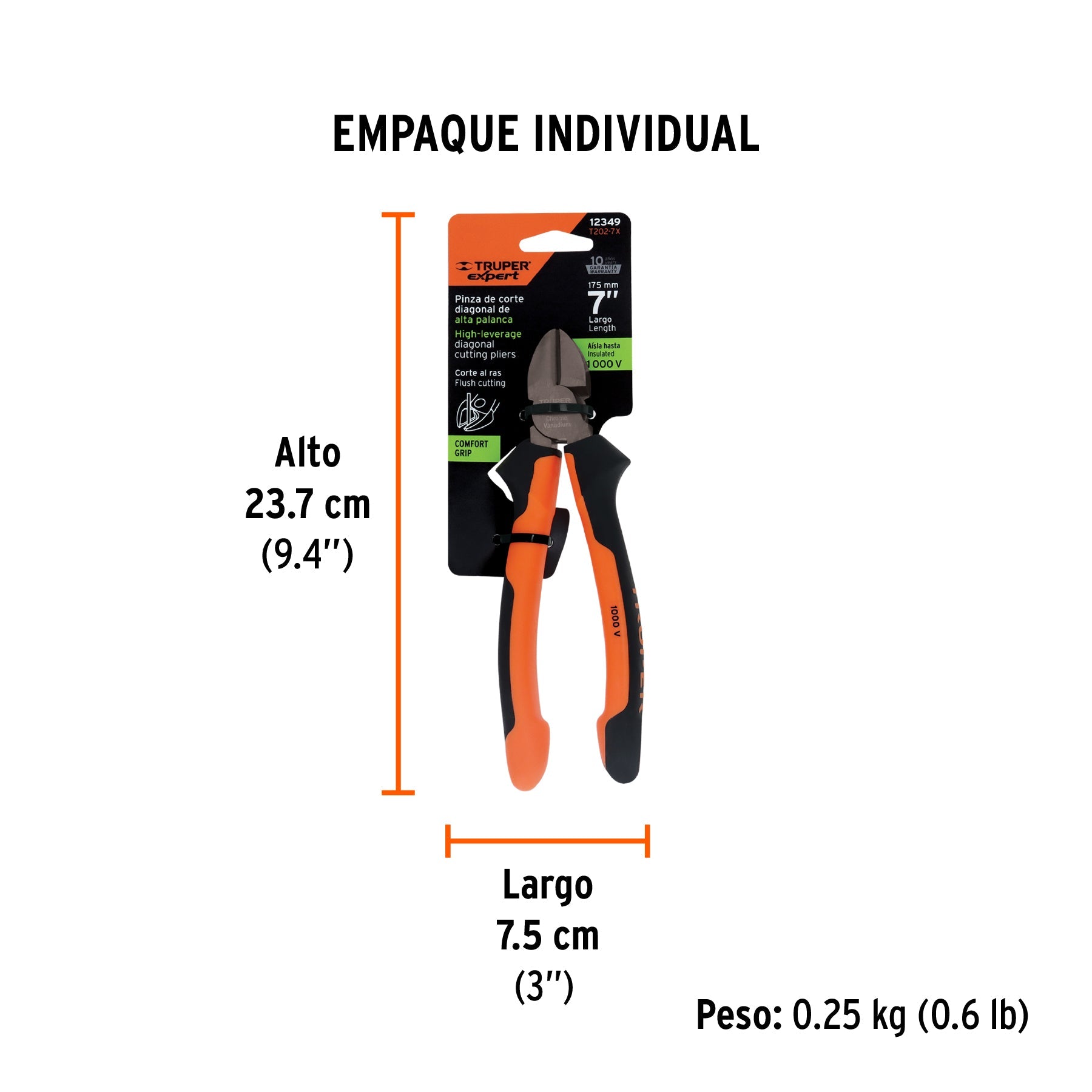 Pinza corte diagonal 7" alta palanca, Comfort Grip, EXPERT - Empaque