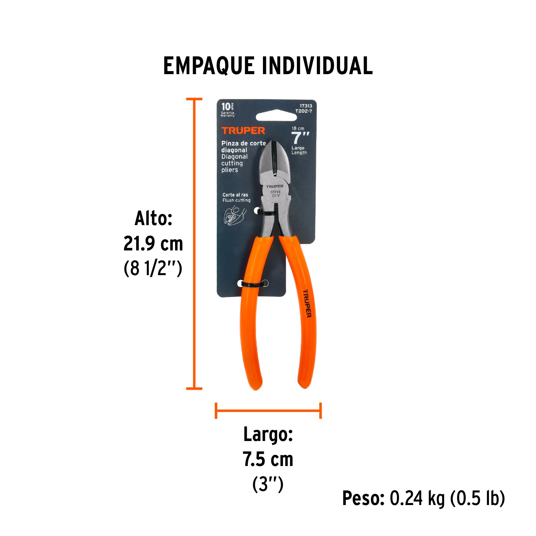 Pinza de corte diagonal 7" mango de PVC, TRUPER - Empaque