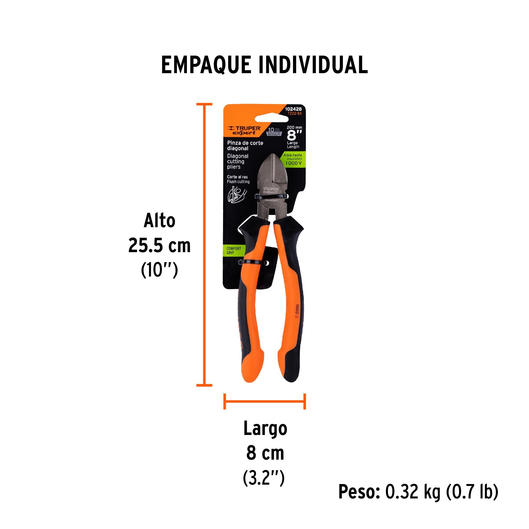 Pinza corte diagonal 8" alta palanca, Comfort Grip, EXPERT - Empaque