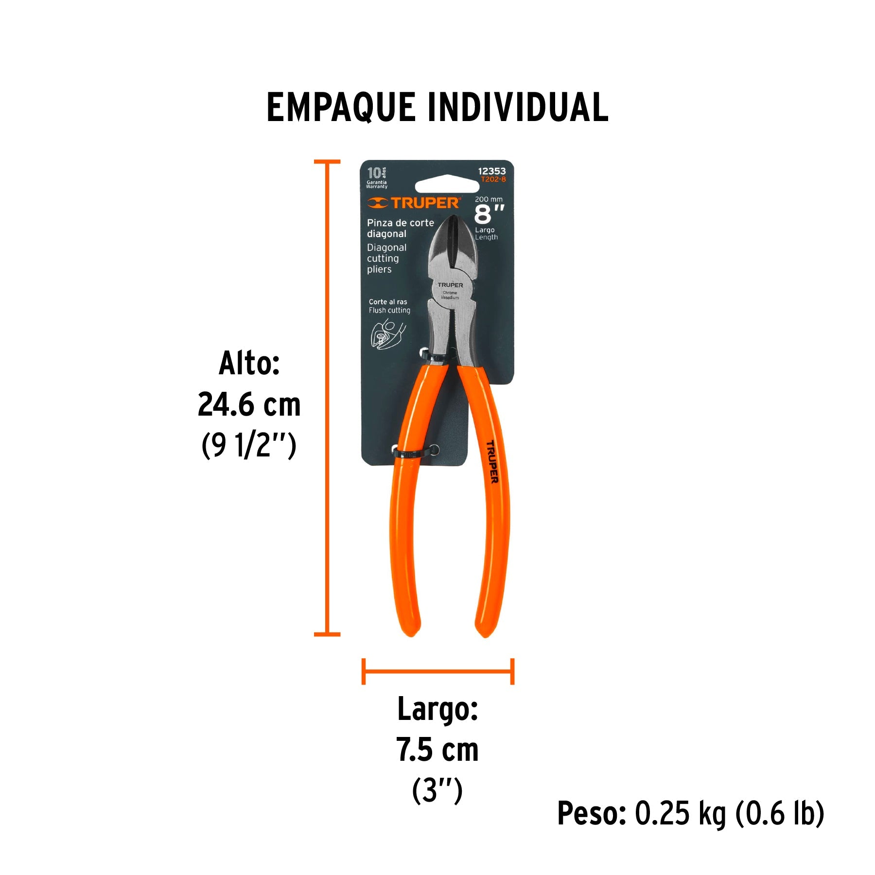 Pinza de corte diagonal 8" mango de PVC, TRUPER - Empaque