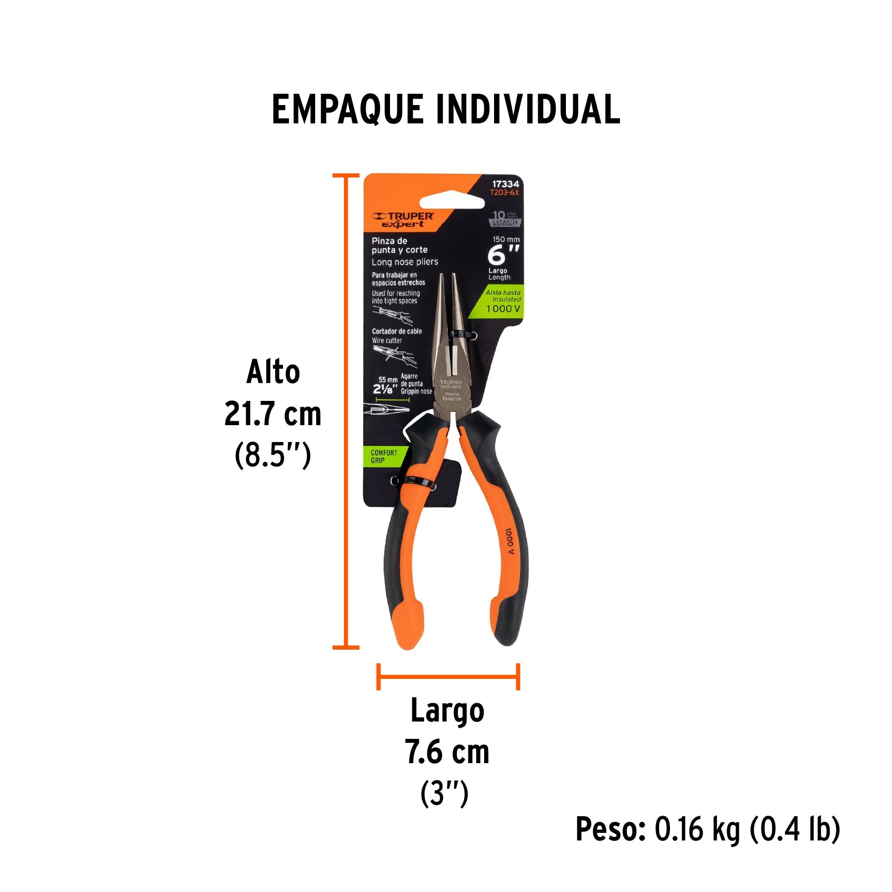Pinza punta y corte 6" mango Comfort Grip, TRUPER EXPERT - Empaque