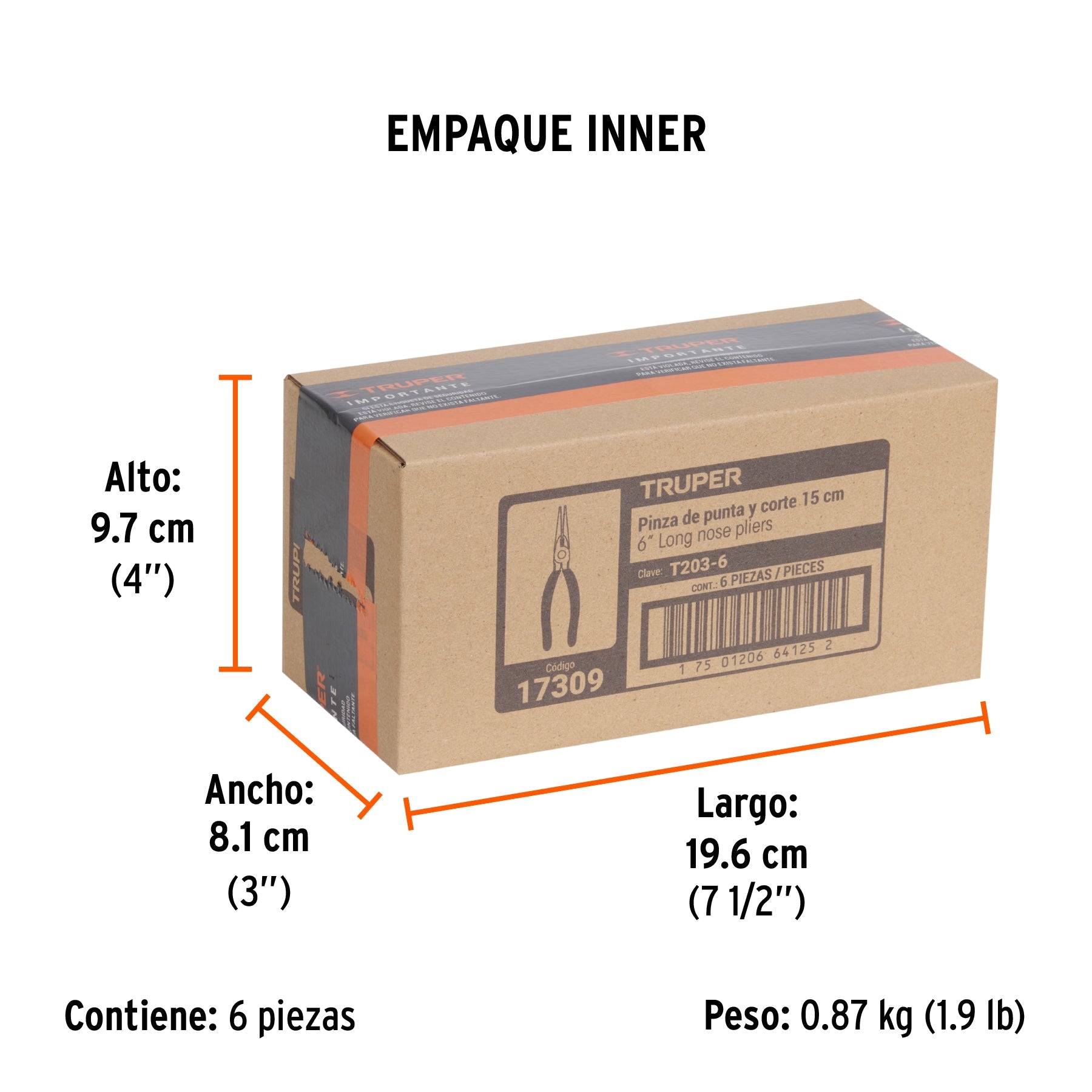 Pinza de punta y corte 6" mango de PVC, TRUPER - Empaque