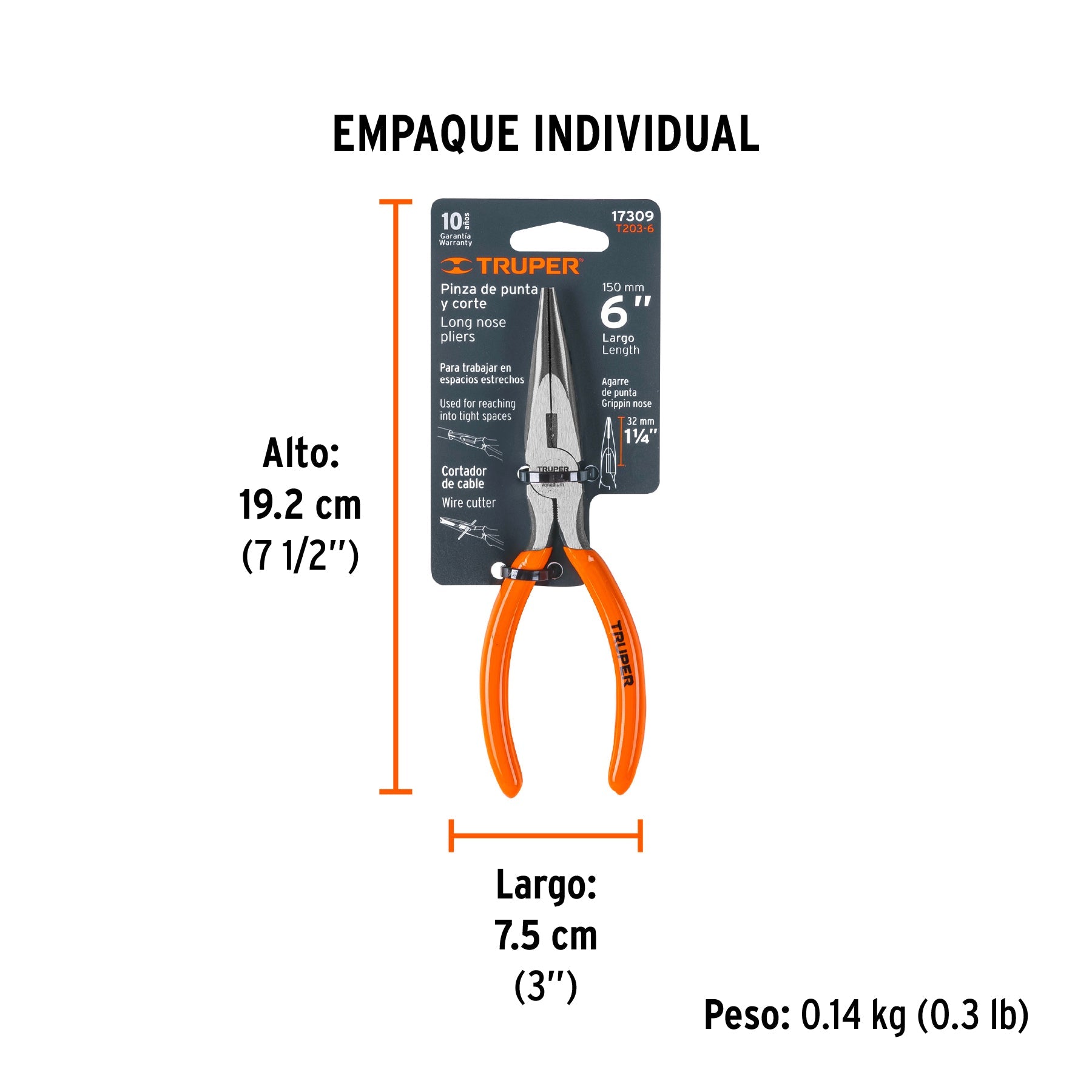 Pinza de punta y corte 6" mango de PVC, TRUPER - Empaque