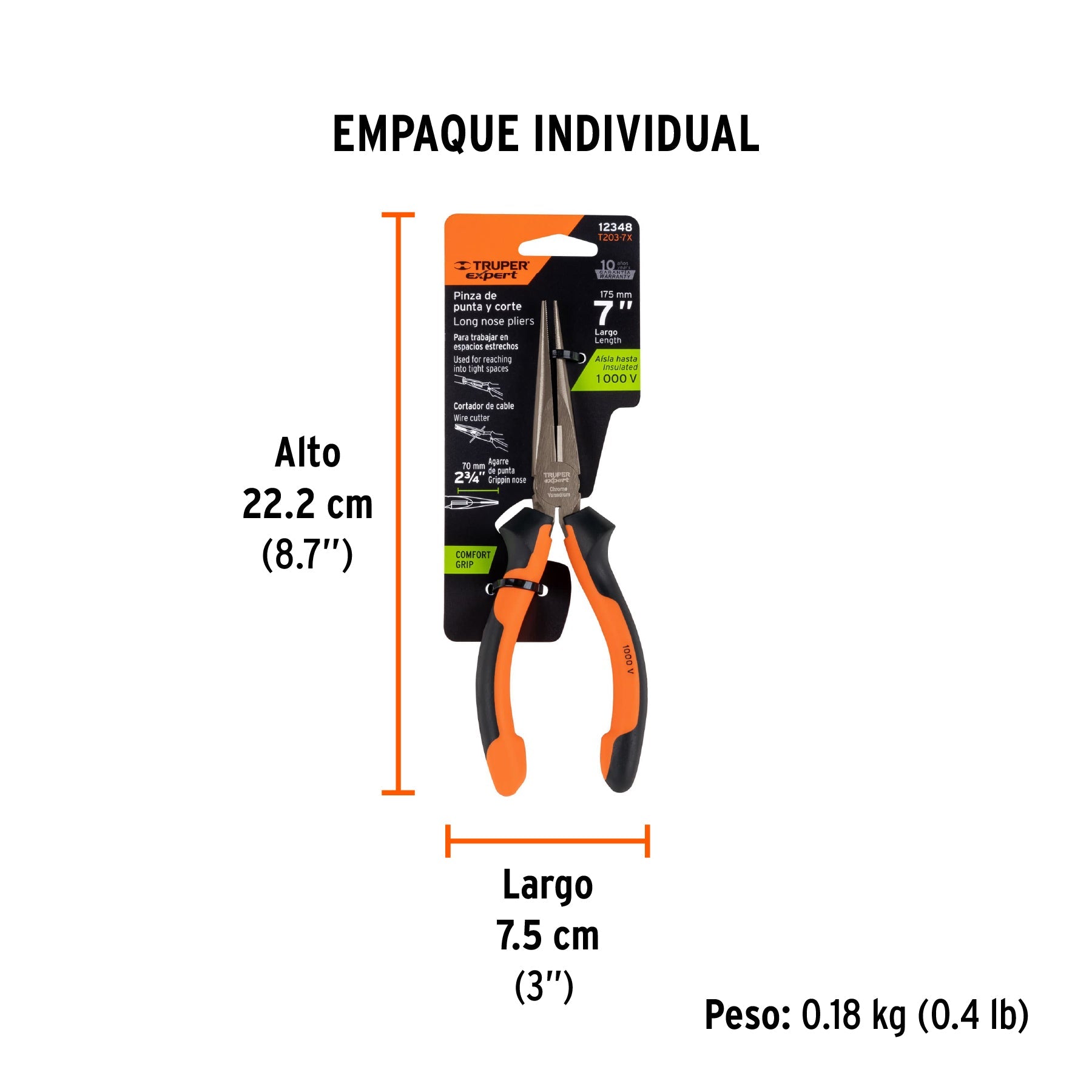 Pinza punta y corte 7" mango Comfort Grip, TRUPER EXPERT - Empaque