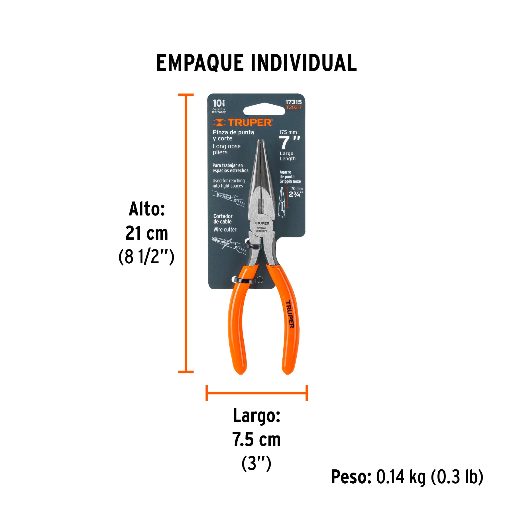 Pinza de punta y corte 7" mango de PVC, TRUPER - Empaque