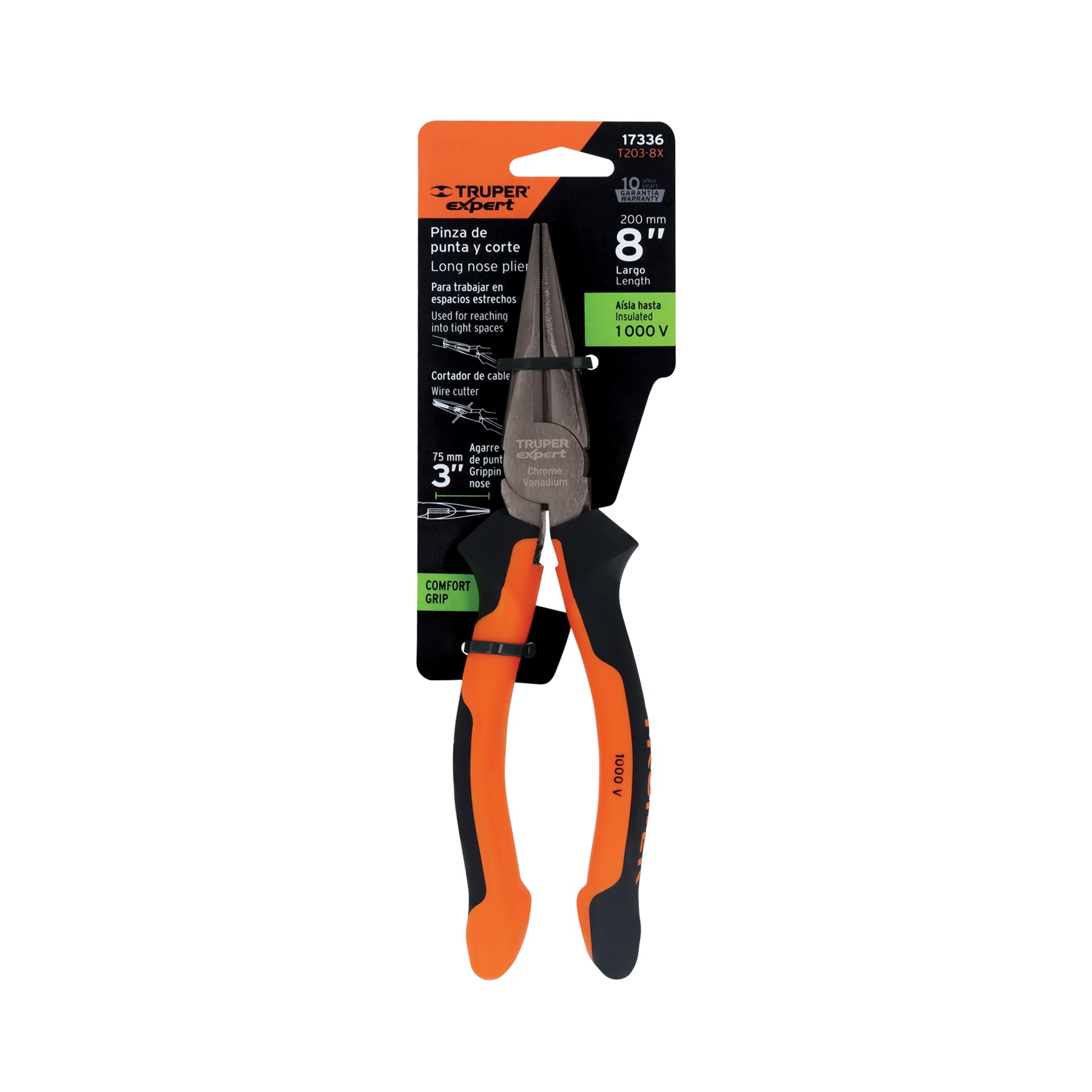 Pinza punta y corte 8" mango Comfort Grip, TRUPER EXPERT