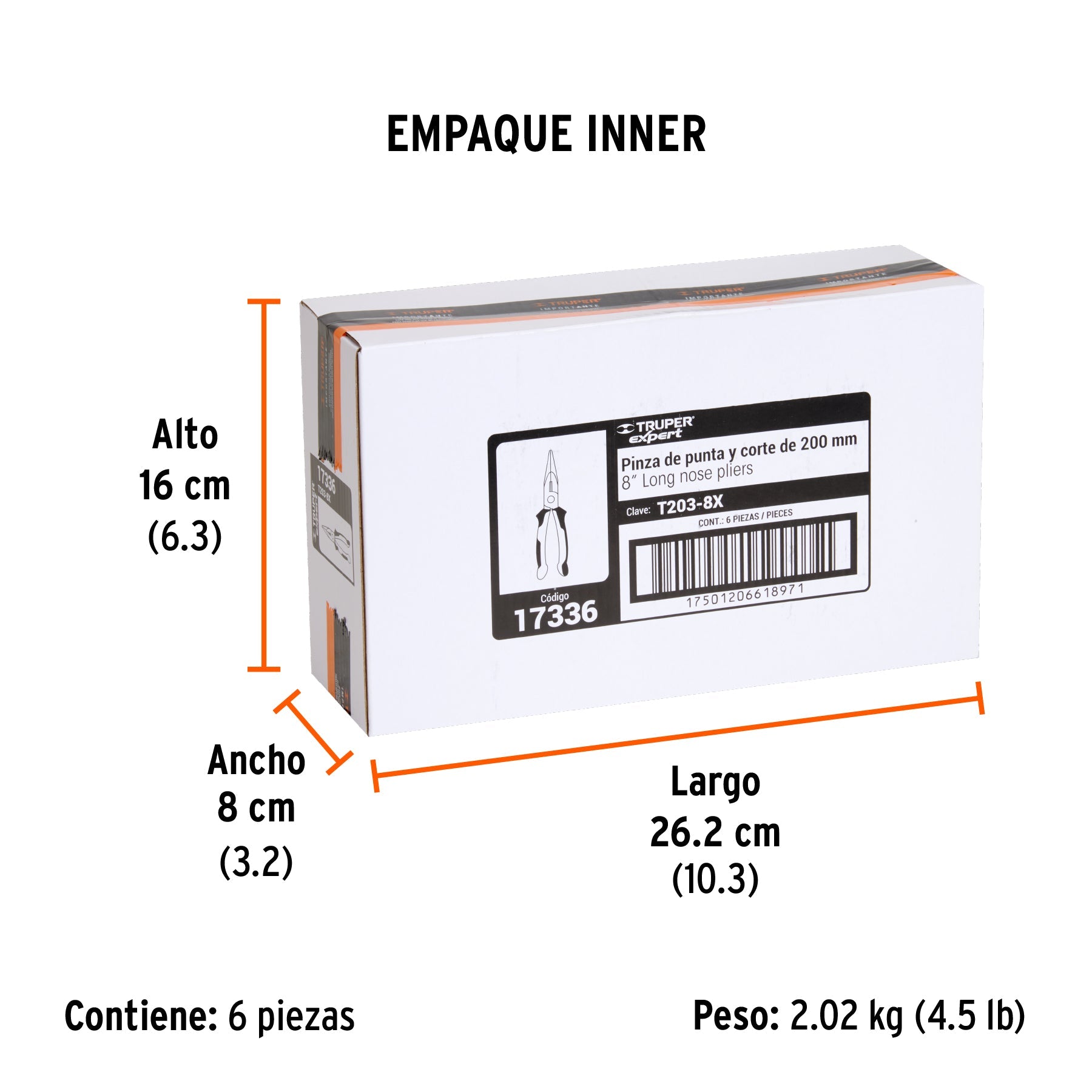 Pinza punta y corte 8" mango Comfort Grip, TRUPER EXPERT - Empaque