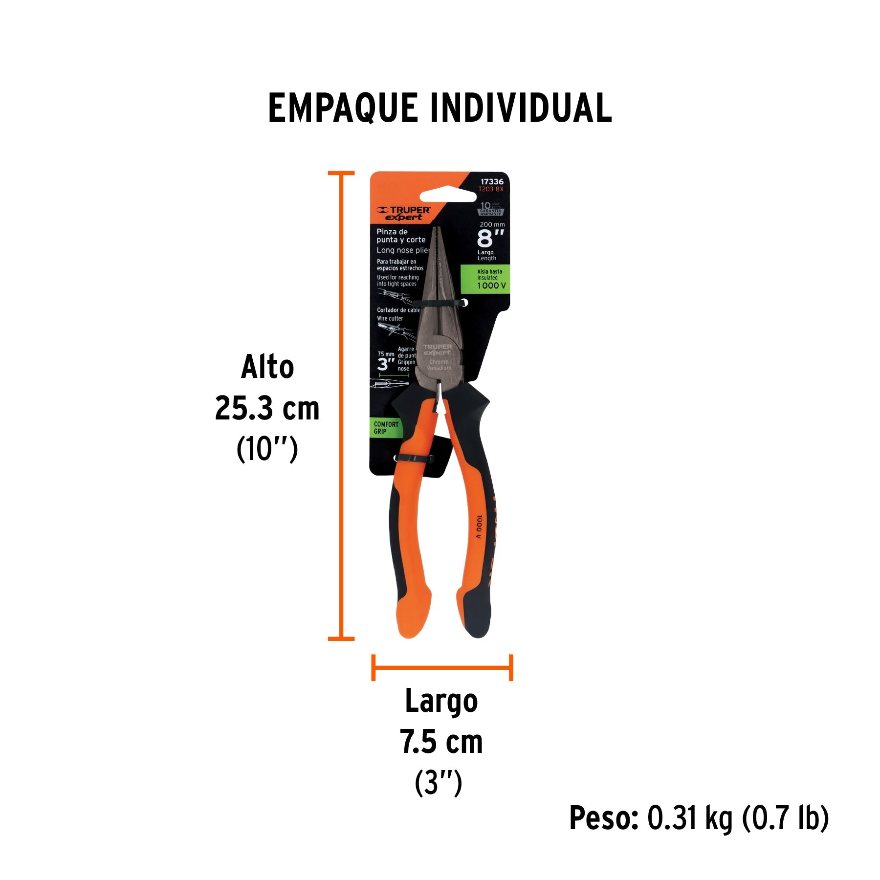 Pinza punta y corte 8" mango Comfort Grip, TRUPER EXPERT - Empaque