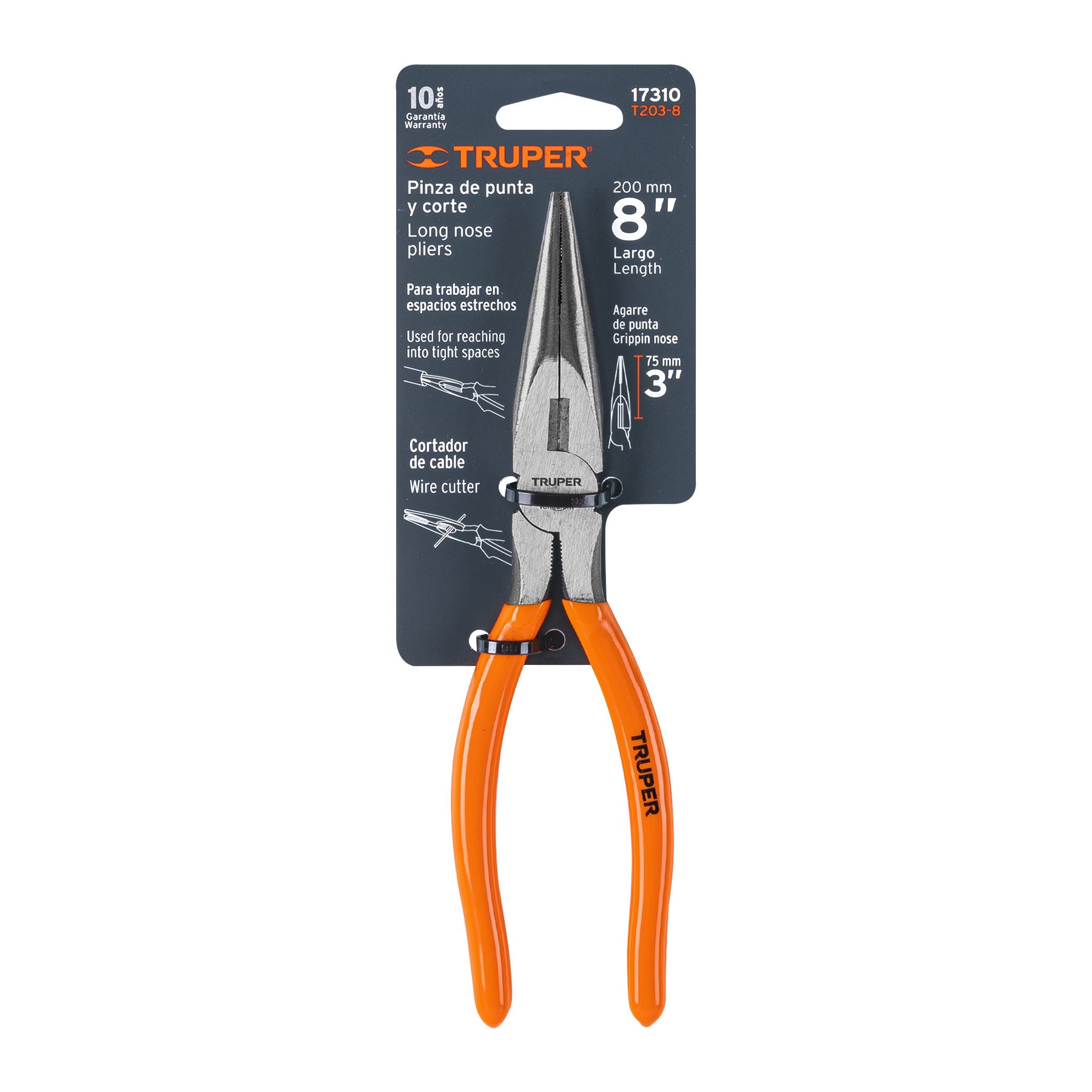 Pinza de punta y corte 8" mango de PVC, TRUPER