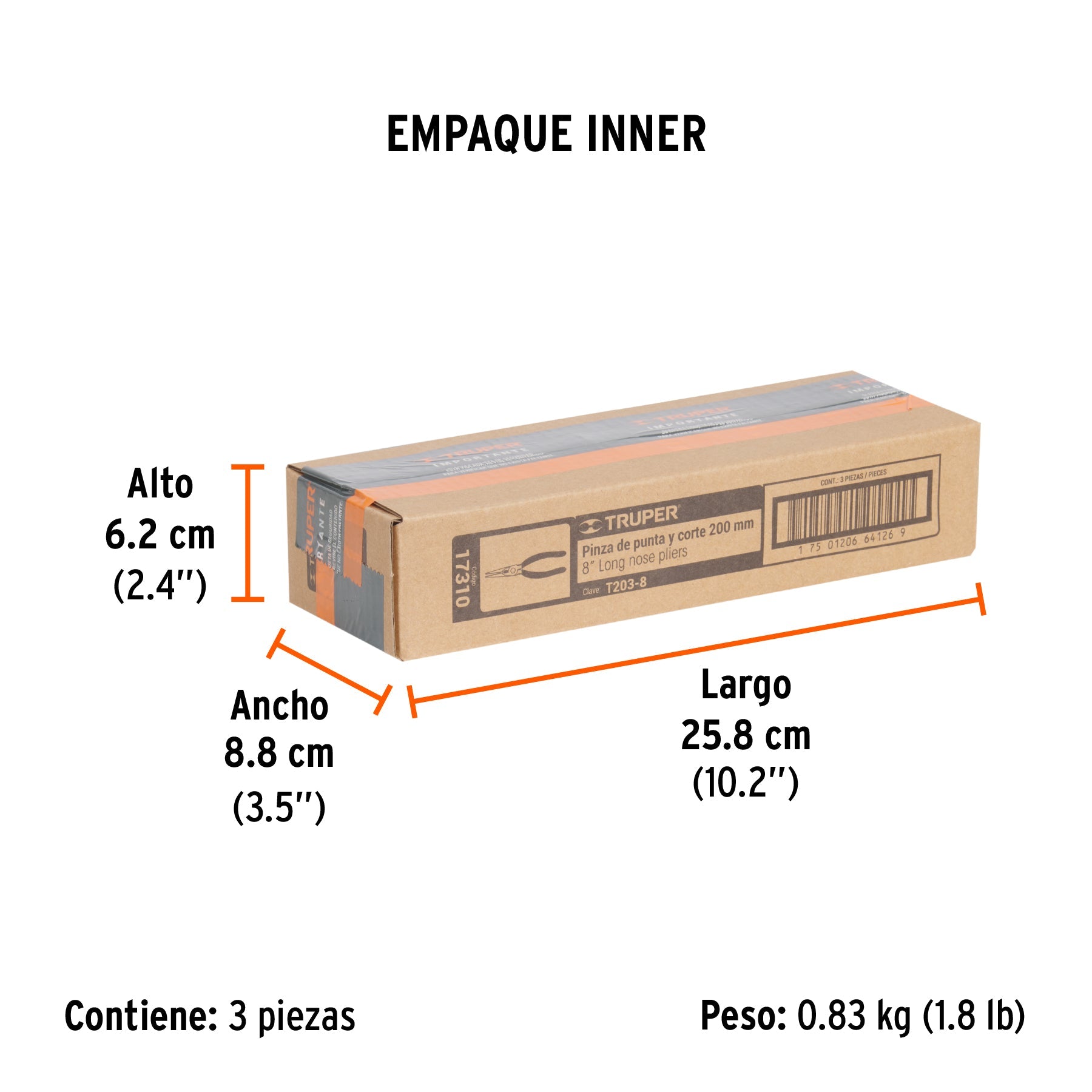 Pinza de punta y corte 8" mango de PVC, TRUPER - Empaque