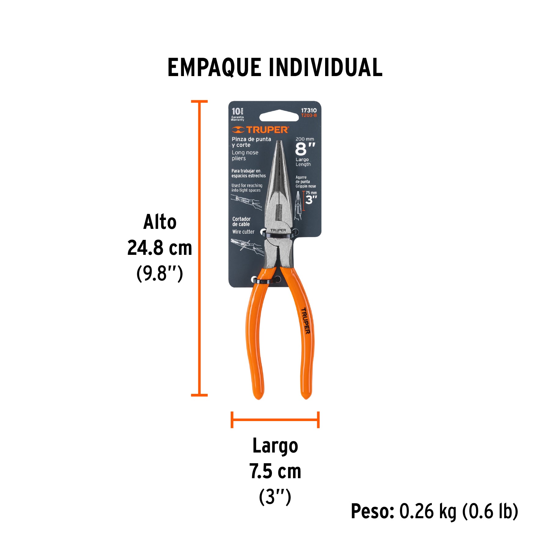 Pinza de punta y corte 8" mango de PVC, TRUPER - Empaque