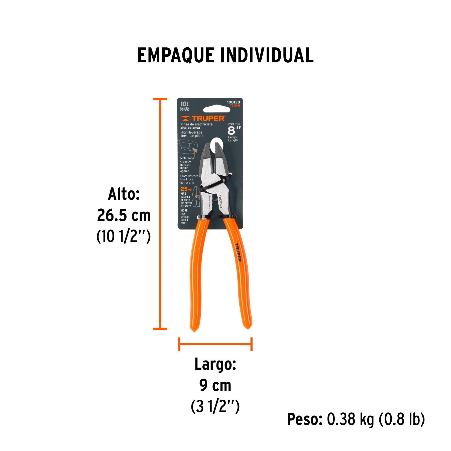 Pinza para electricista 8" alta palanca mango PVC, TRUPER - Empaque