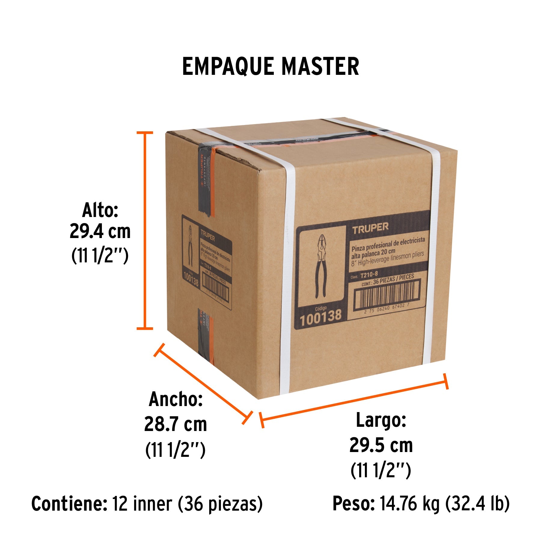 Pinza para electricista 8" alta palanca mango PVC, TRUPER - Empaque