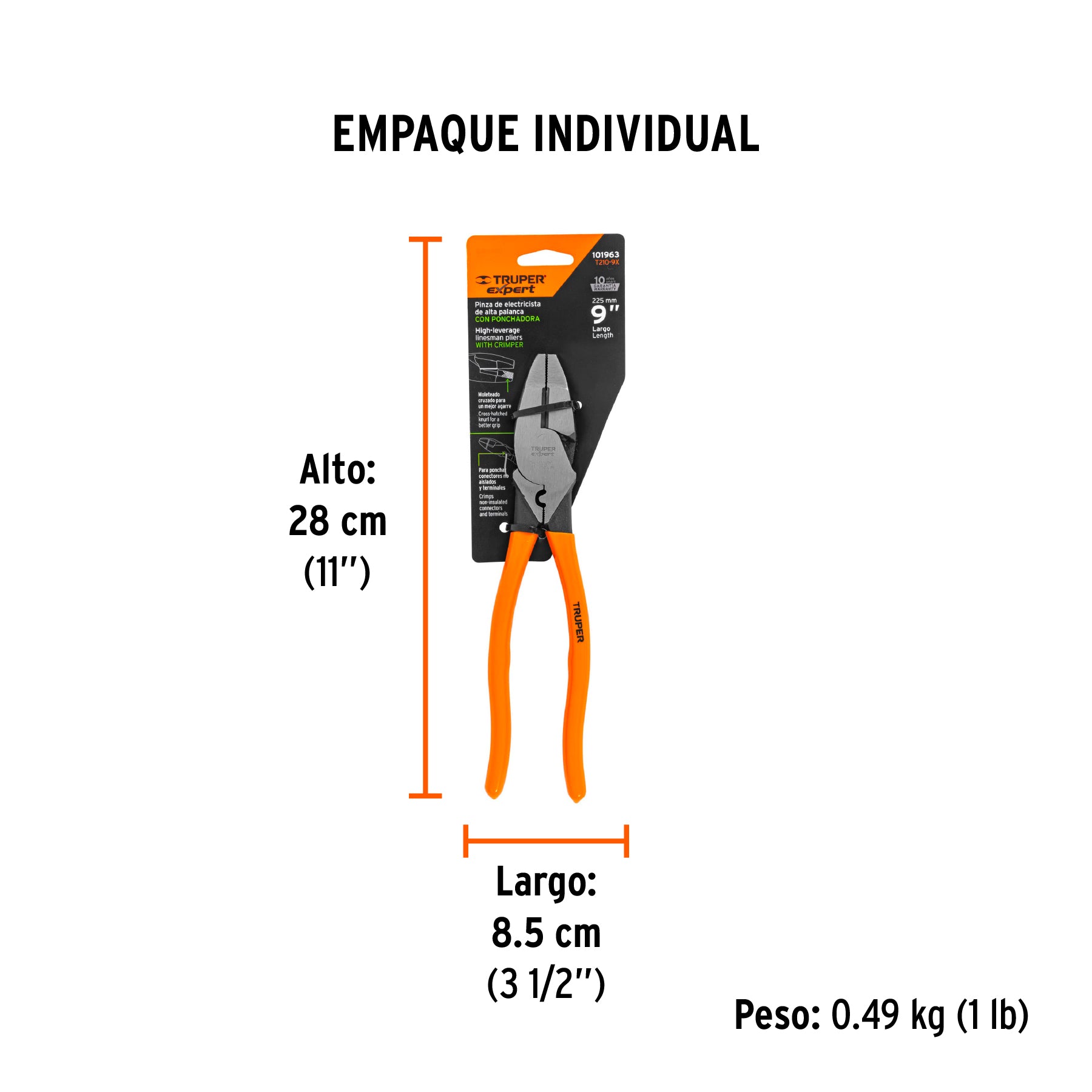 Pinza para electricista 9" c/ponchador de terminales, EXPERT - Empaque