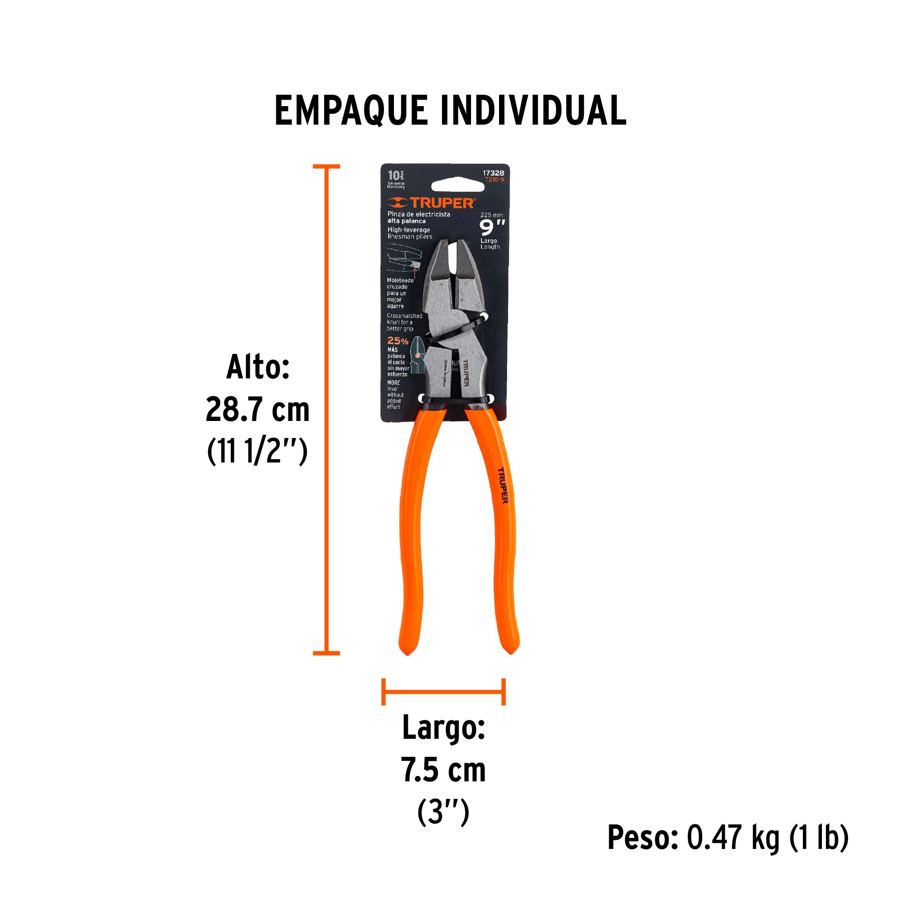 Pinza para electricista 9" alta palanca mango PVC, TRUPER - Empaque