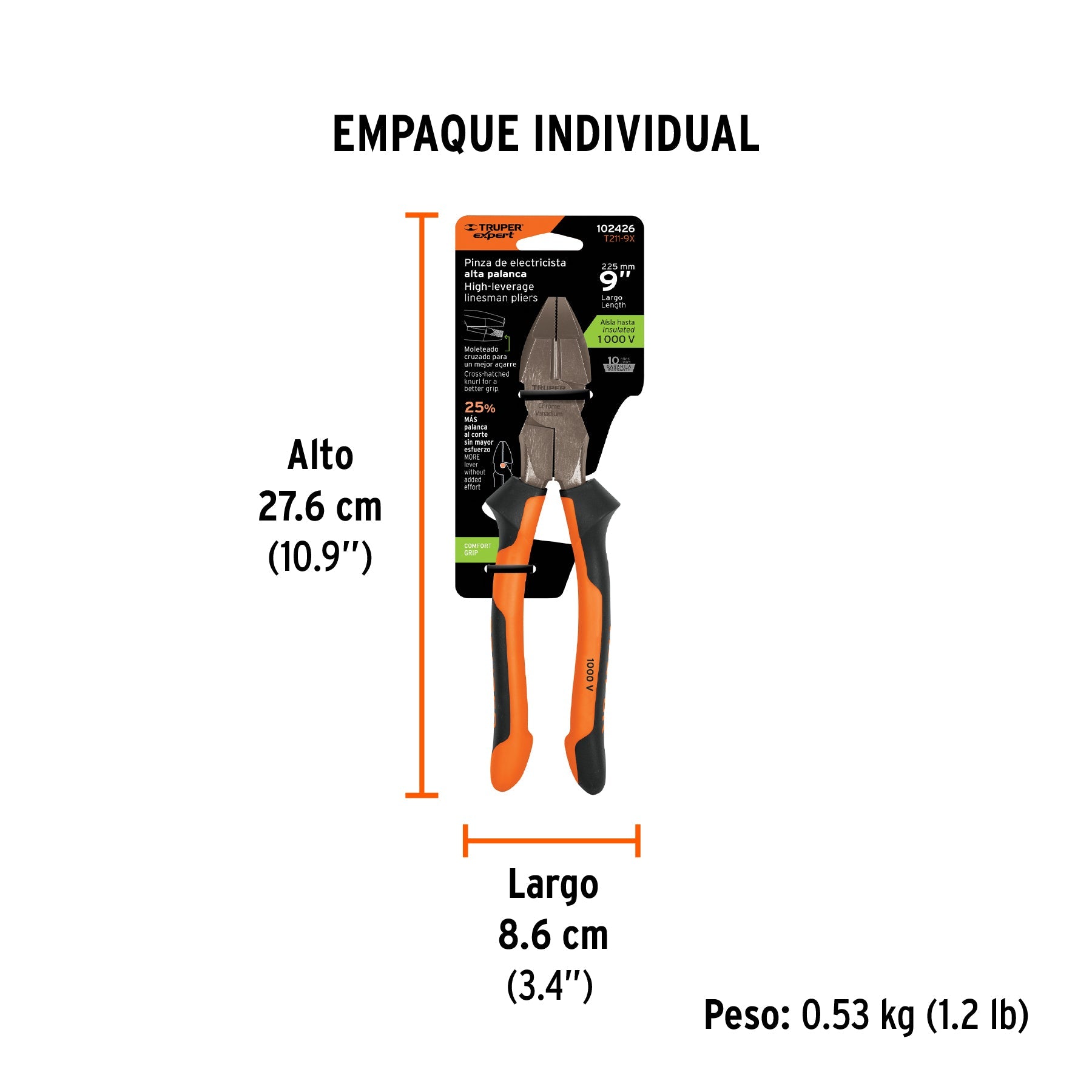 Pinza para electricista 9" alta palanca mango Comfort Grip - Empaque