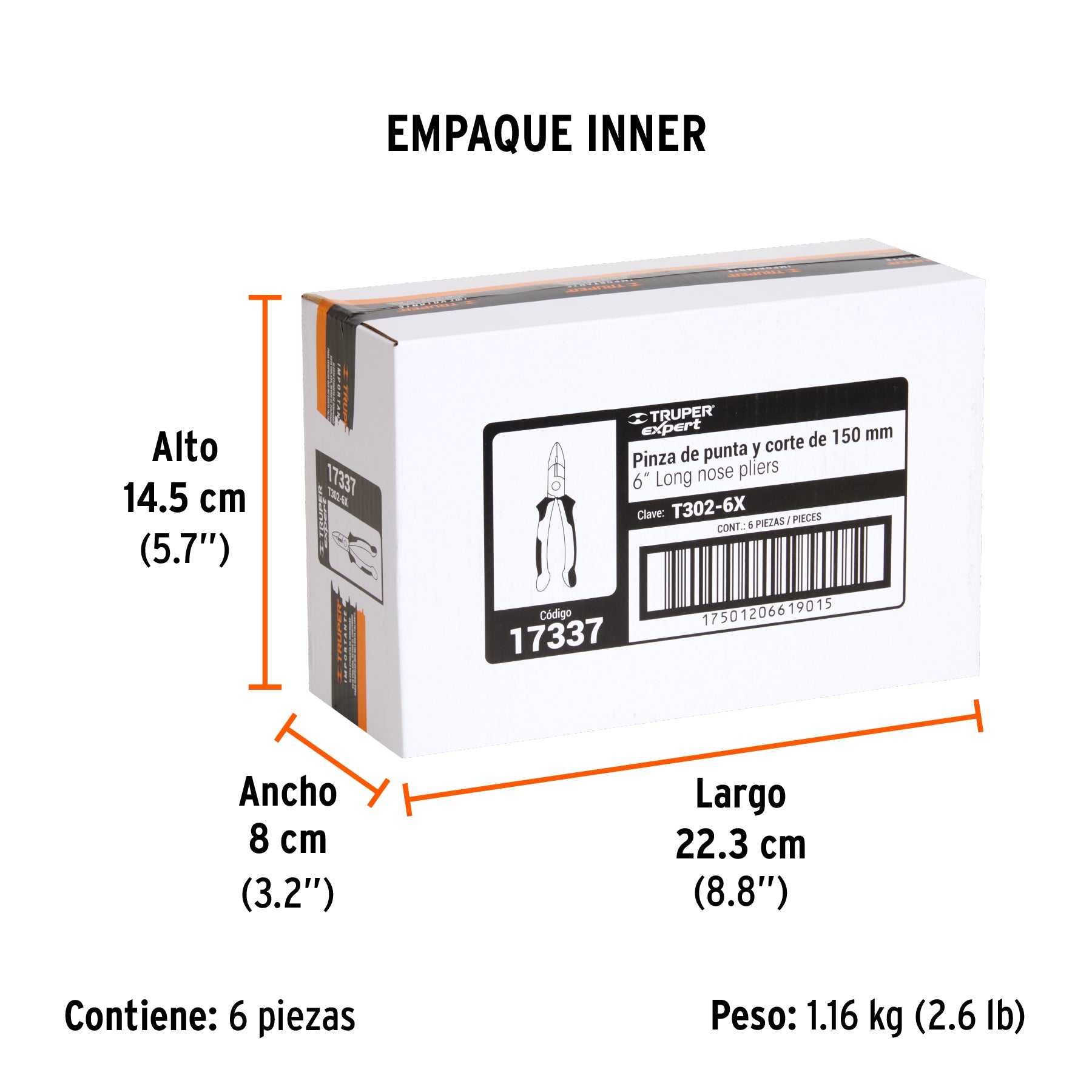 Pinza punta curva 6" mango Comfort Grip, TRUPER EXPERT - Empaque