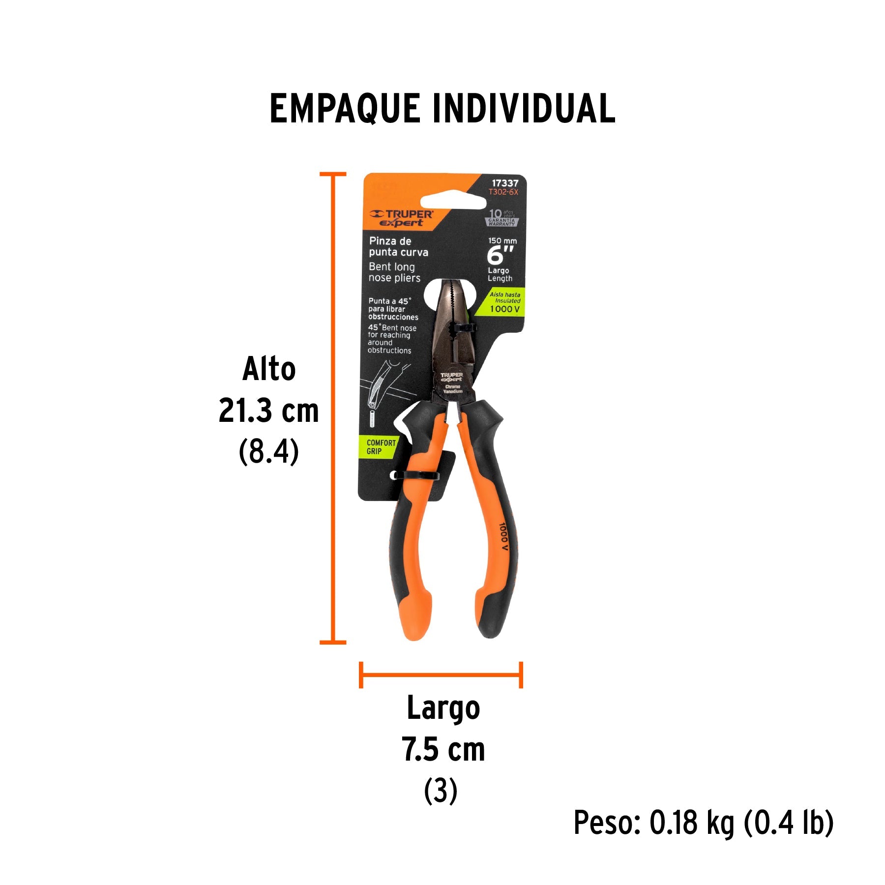 Pinza punta curva 6" mango Comfort Grip, TRUPER EXPERT - Empaque