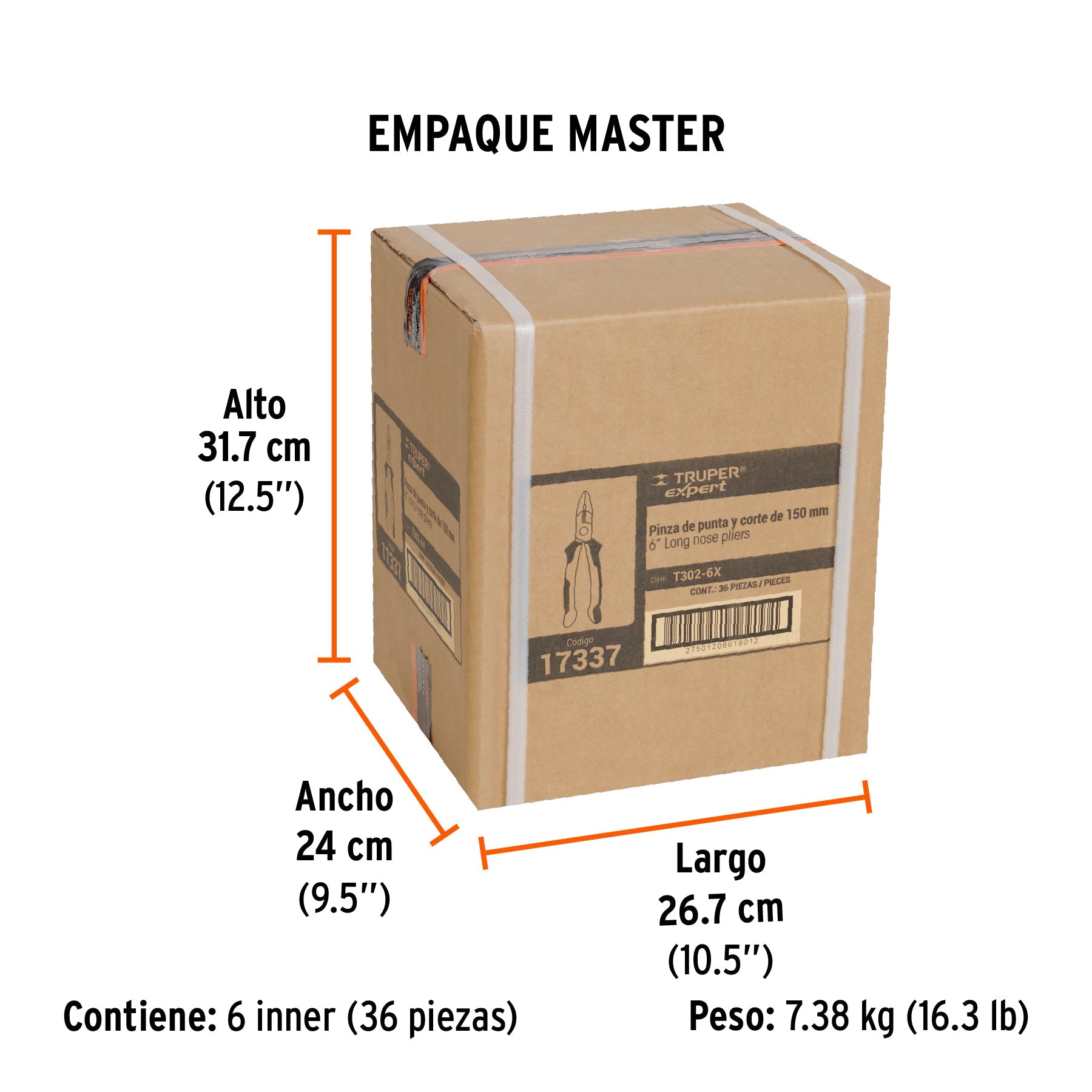 Pinza punta curva 6" mango Comfort Grip, TRUPER EXPERT - Empaque