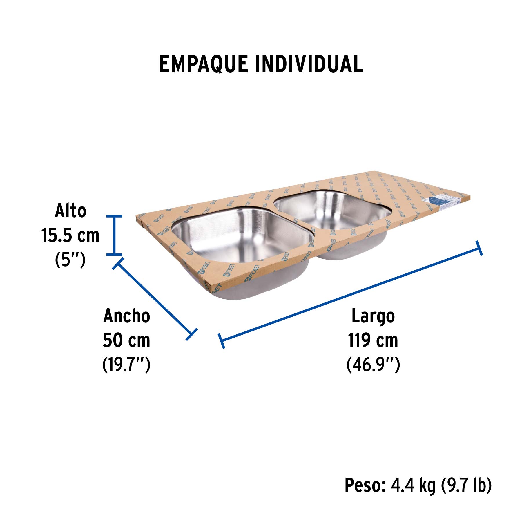 Tarja de empotrar 120x50cm doble tina izquierda, FOSET BASIC - Empaque