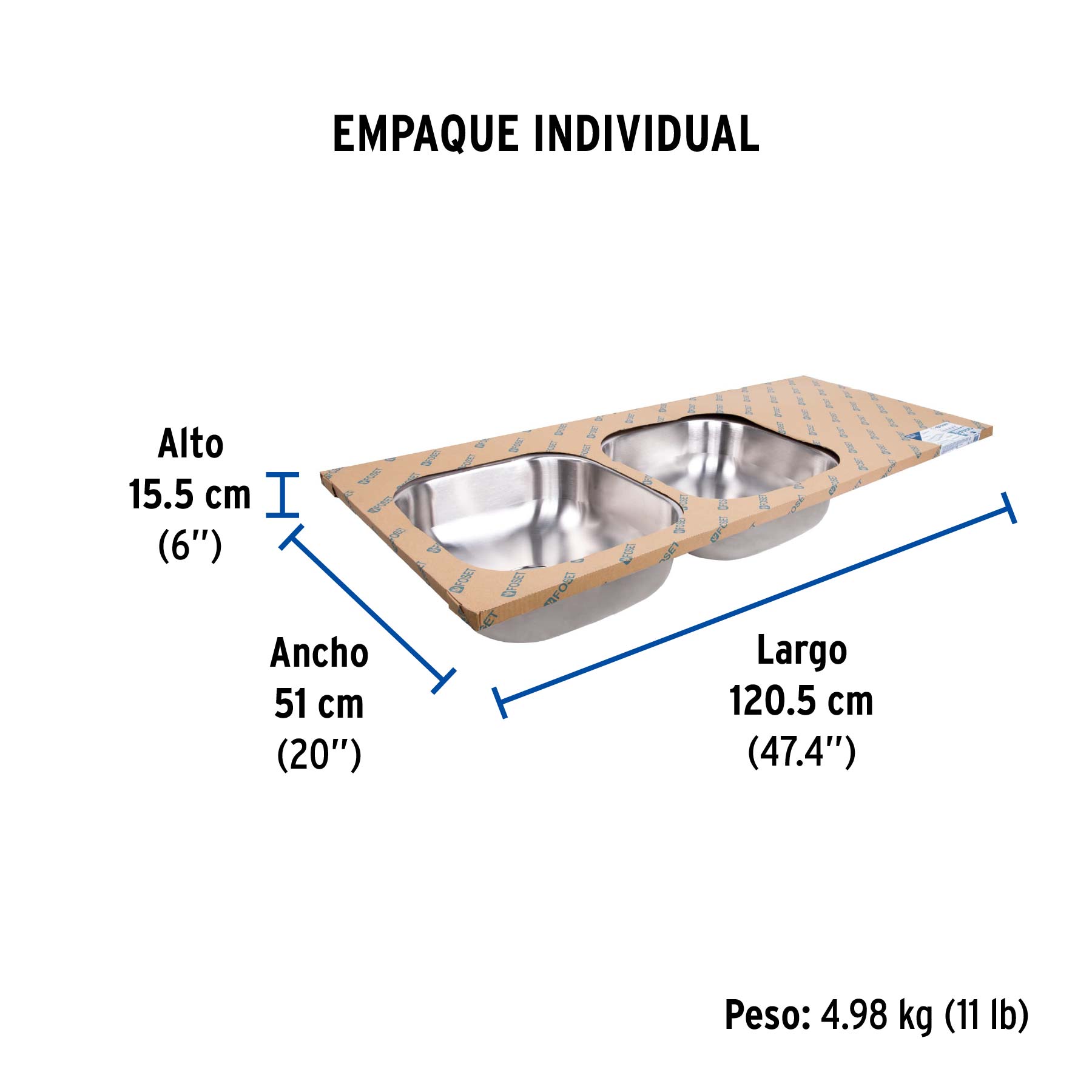 Tarja de empotrar 120 x 50 cm doble tina izquierda, FOSET - Empaque