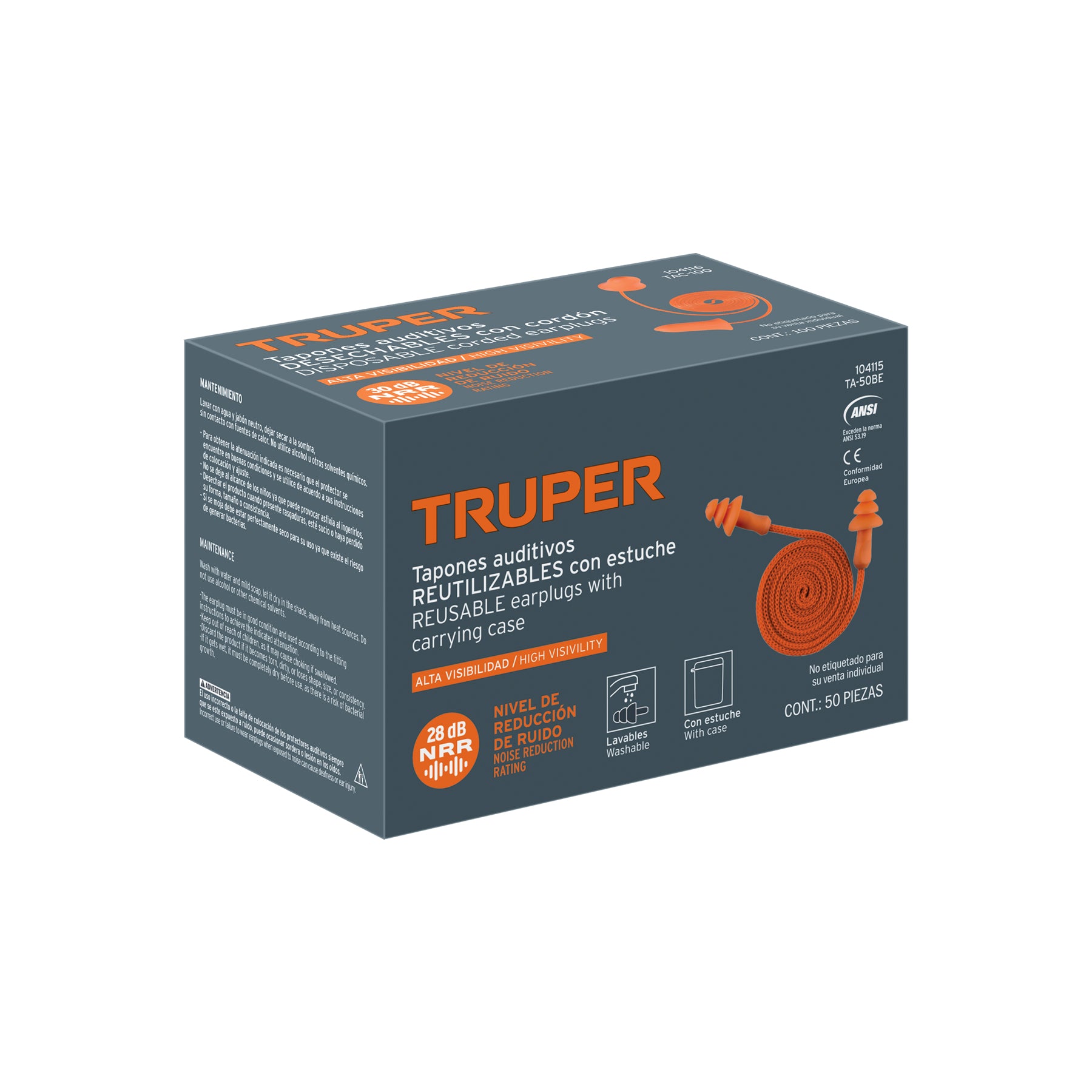 Tapón auditivo reutilizable con cordón y estuche, caja 50 pz