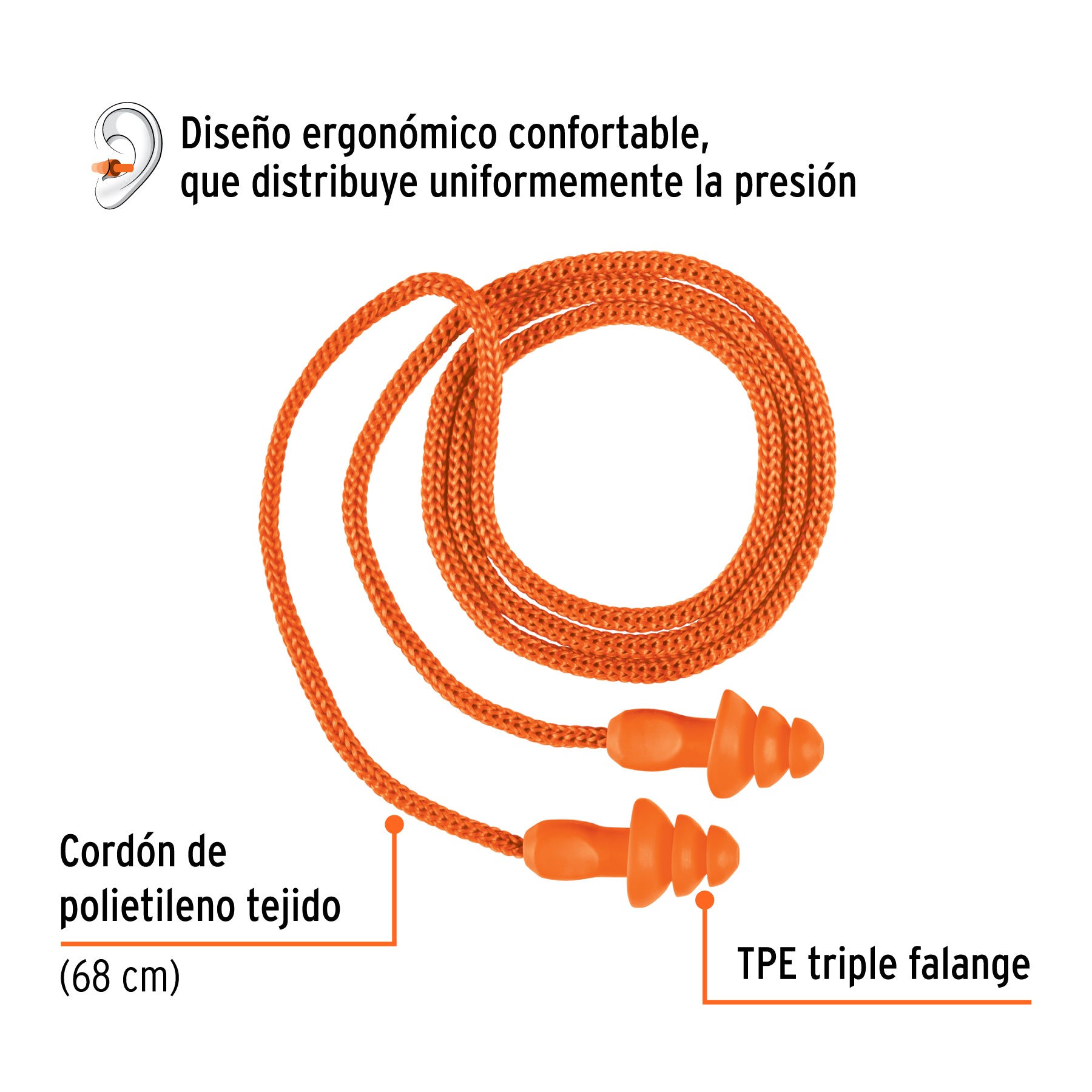 Tapón auditivo reutilizable con cordón y estuche, caja 50 pz