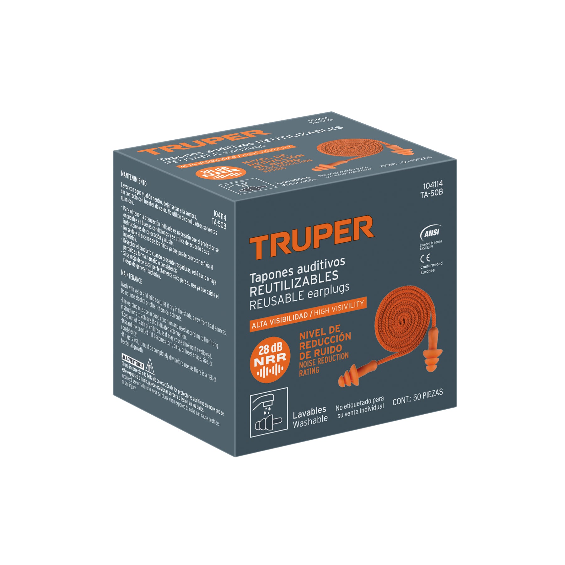 Tapón auditivo reutilizable con cordón, caja 50 pz
