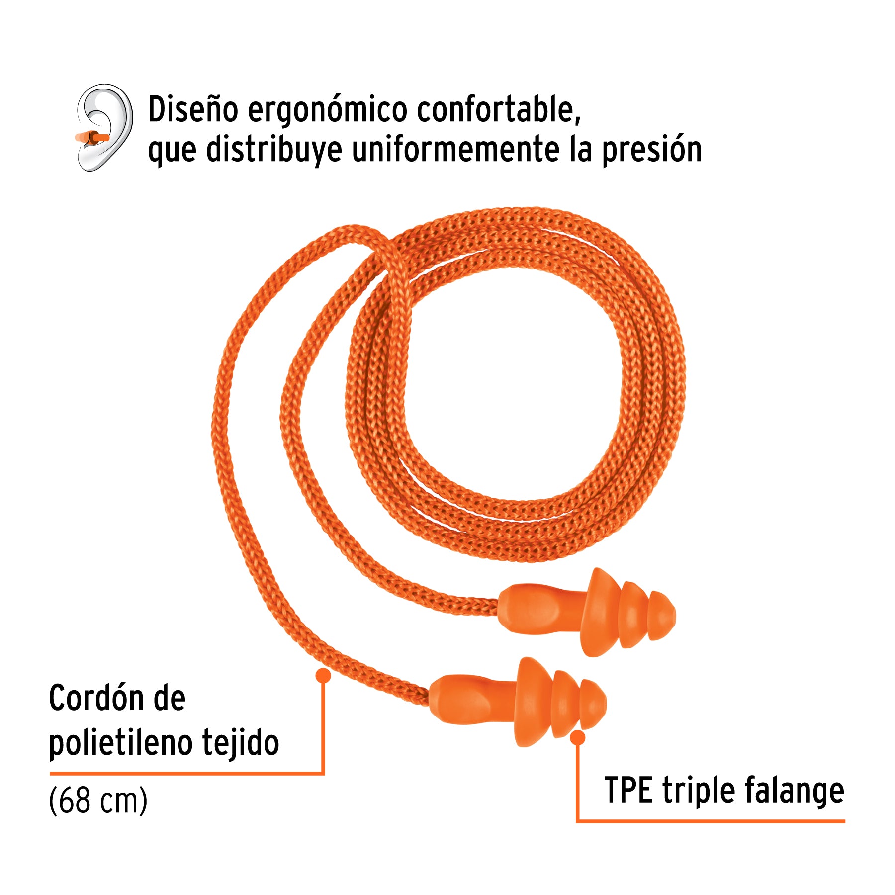 Tapón auditivo reutilizable con cordón, caja 50 pz