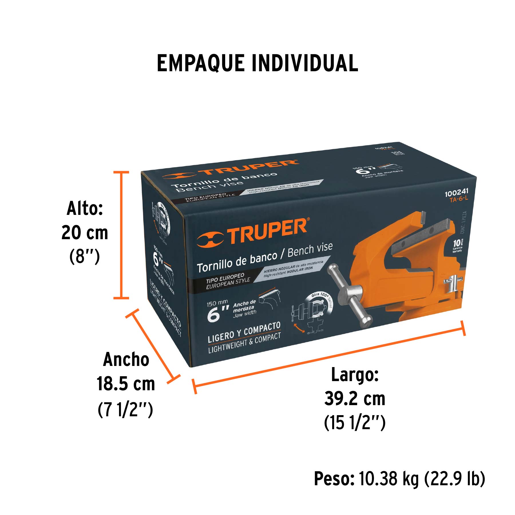 Tornillo de banco 6" tipo europeo de hierro nodular, TRUPER - Empaque
