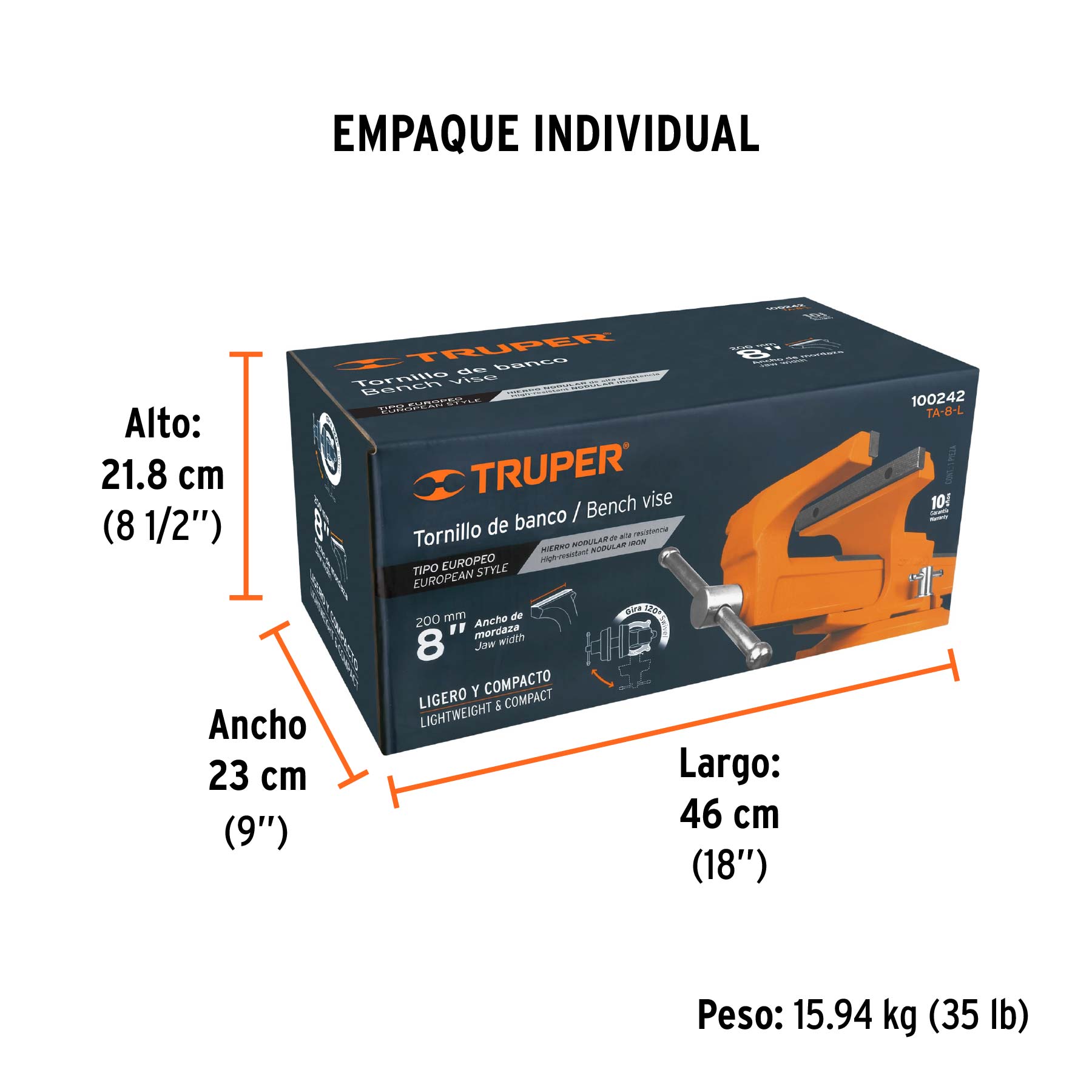 Tornillo de banco 8" tipo europeo de hierro nodular, TRUPER - Empaque