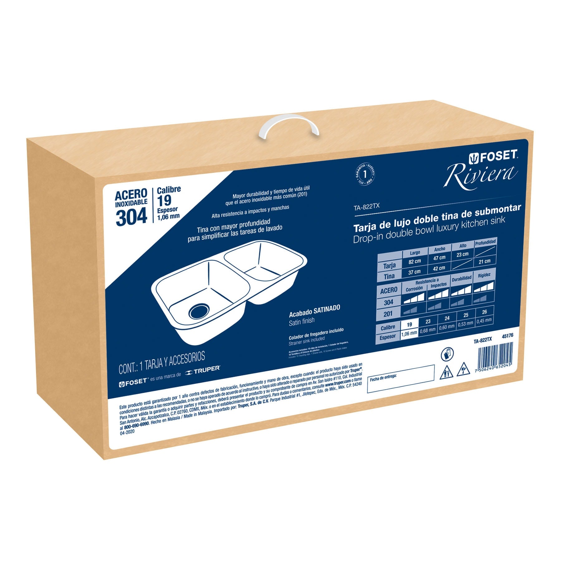 Tarja de submontar 82 x 47 x 23 cm doble tina, FOSET RIVIERA