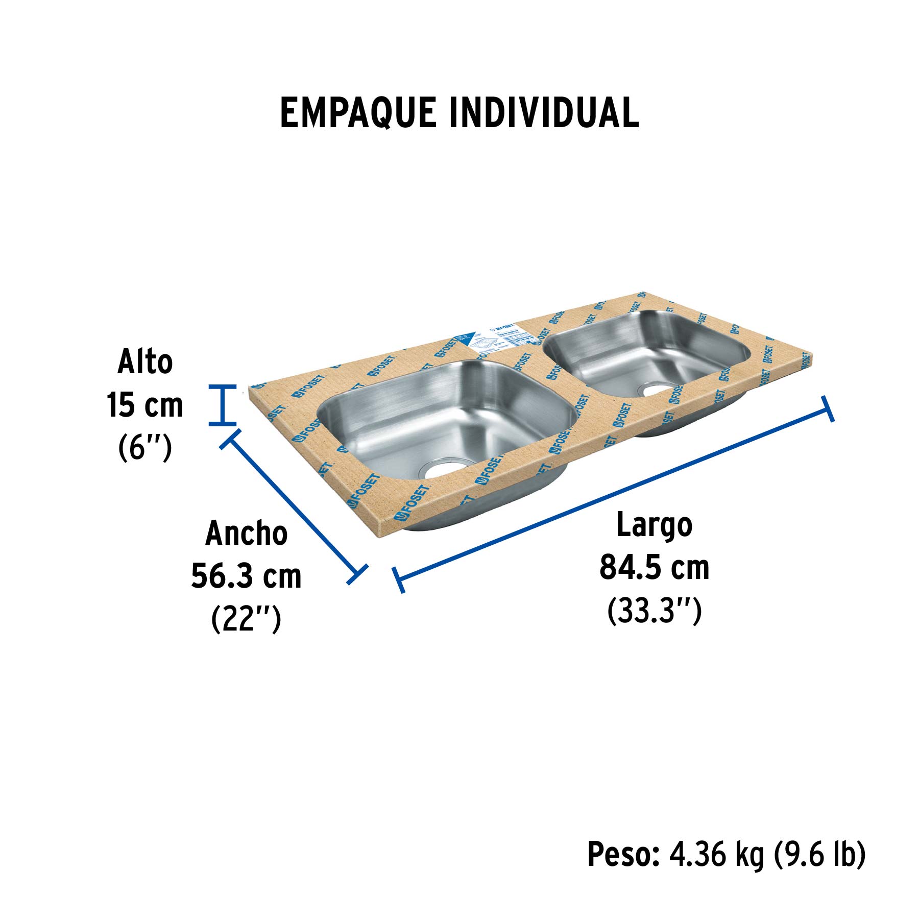 Tarja de empotrar 84 x 56 cm doble tina, FOSET - Empaque