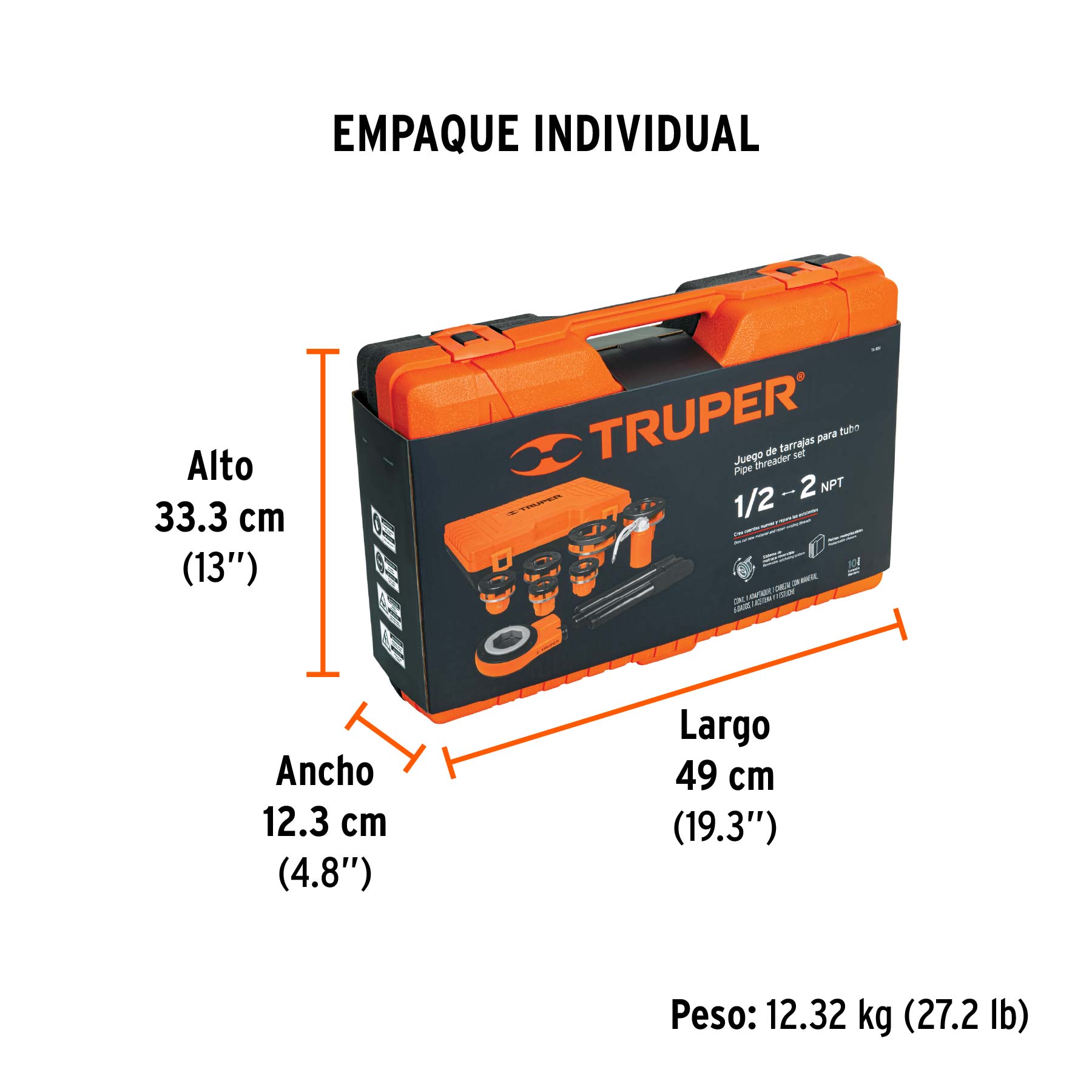 Juego de 9 tarrajas para tubo de 1/2" a 2", TRUPER - Empaque