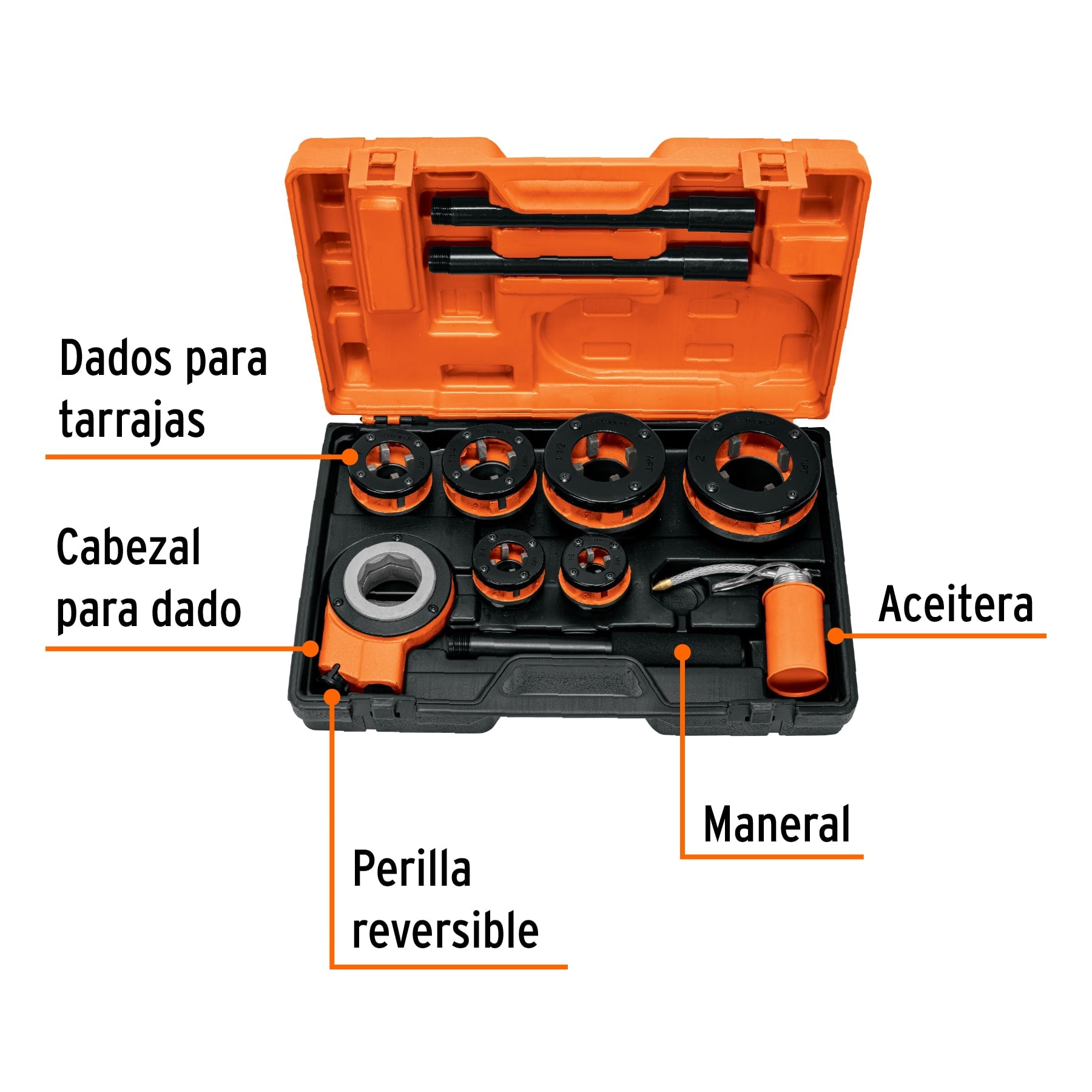 Juego de 9 tarrajas para tubo de 1/2" a 2", TRUPER