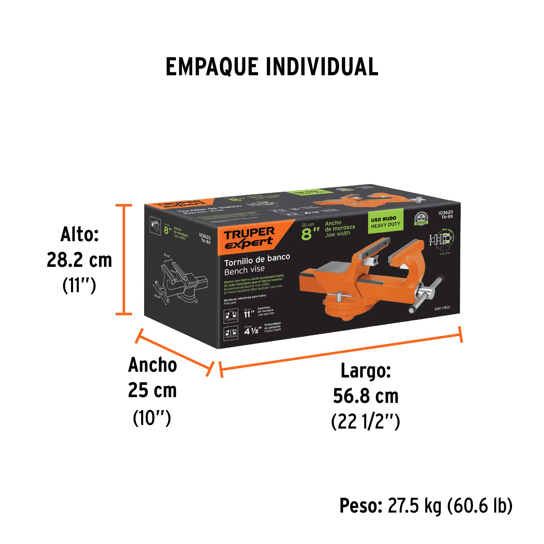 Tornillo de banco 8" industrial de hierro dúctil, EXPERT - Empaque
