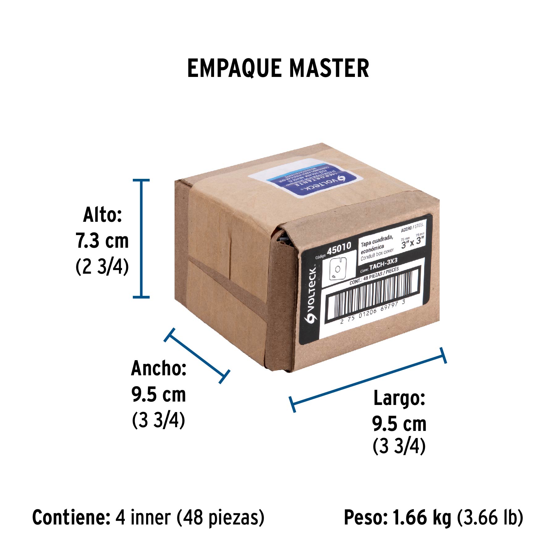 Tapa de 3" x 3" para caja cuadrada económica, VOLTECK - Empaque
