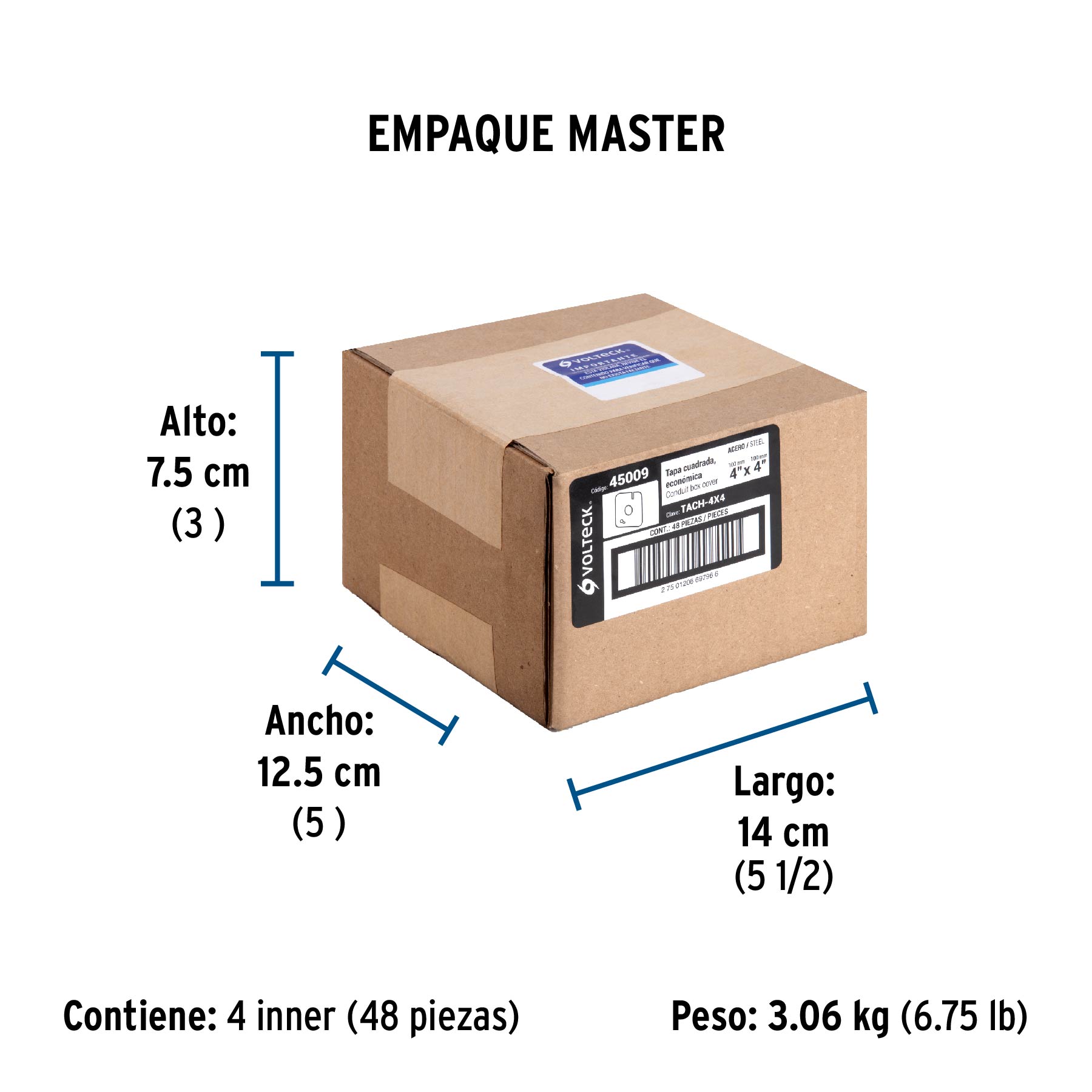 Tapa de 4" x 4" para caja cuadrada económica, VOLTECK - Empaque