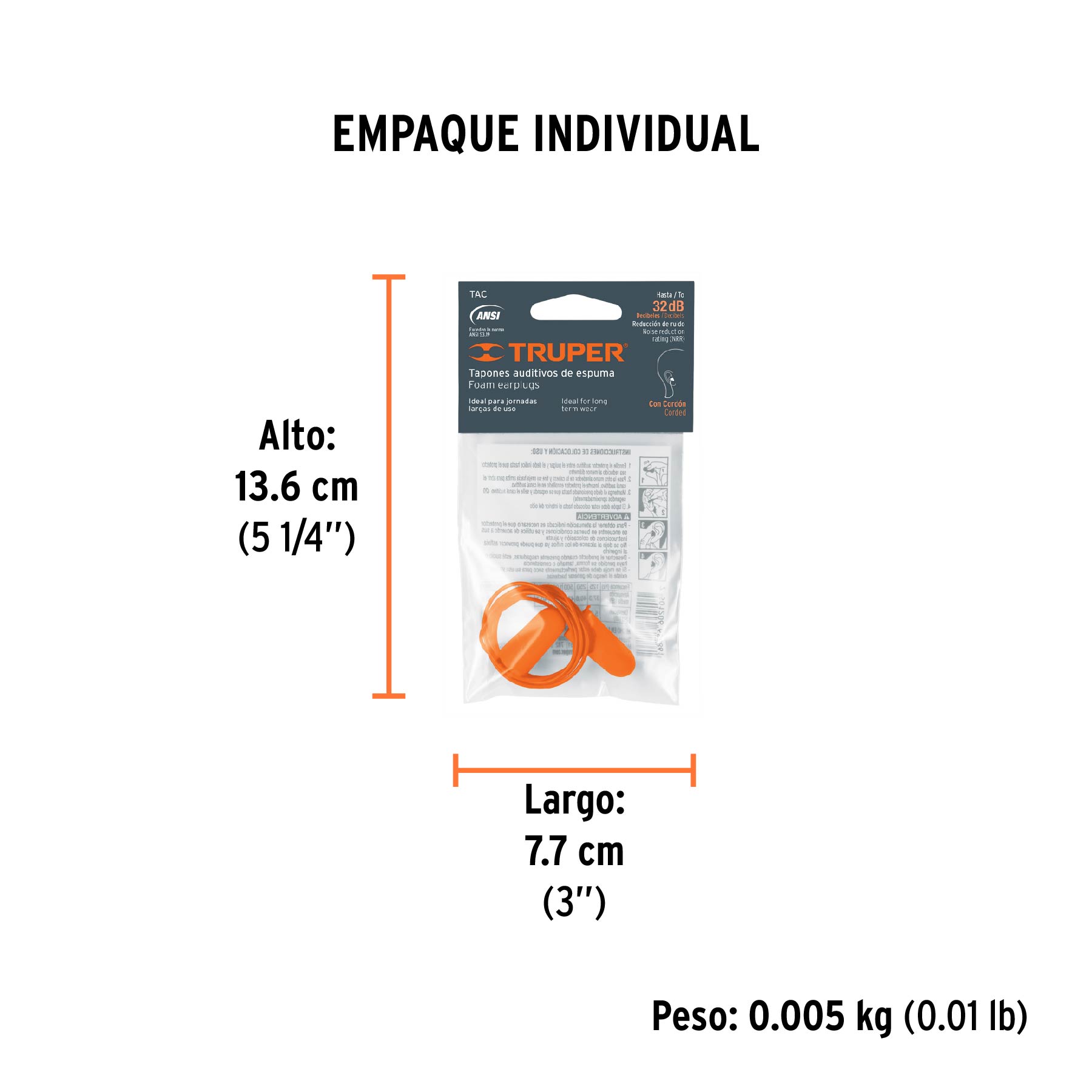Tapón auditivo desechable con cordón, bolsa individual - Empaque