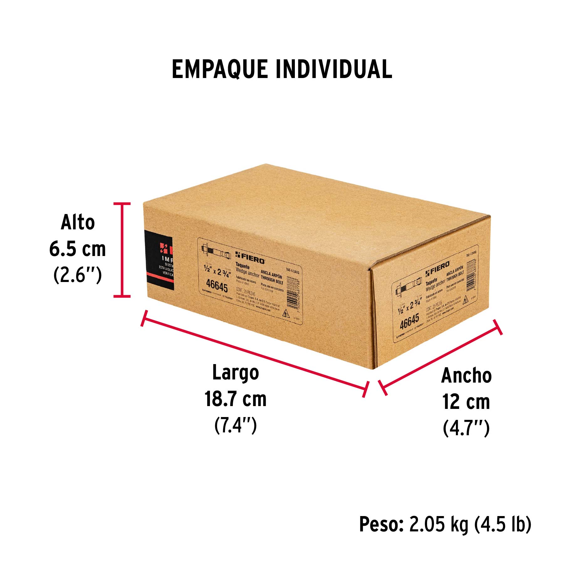 Caja con 25 taquetes arpón de 1/2" x 2-3/4", FIERO - Empaque