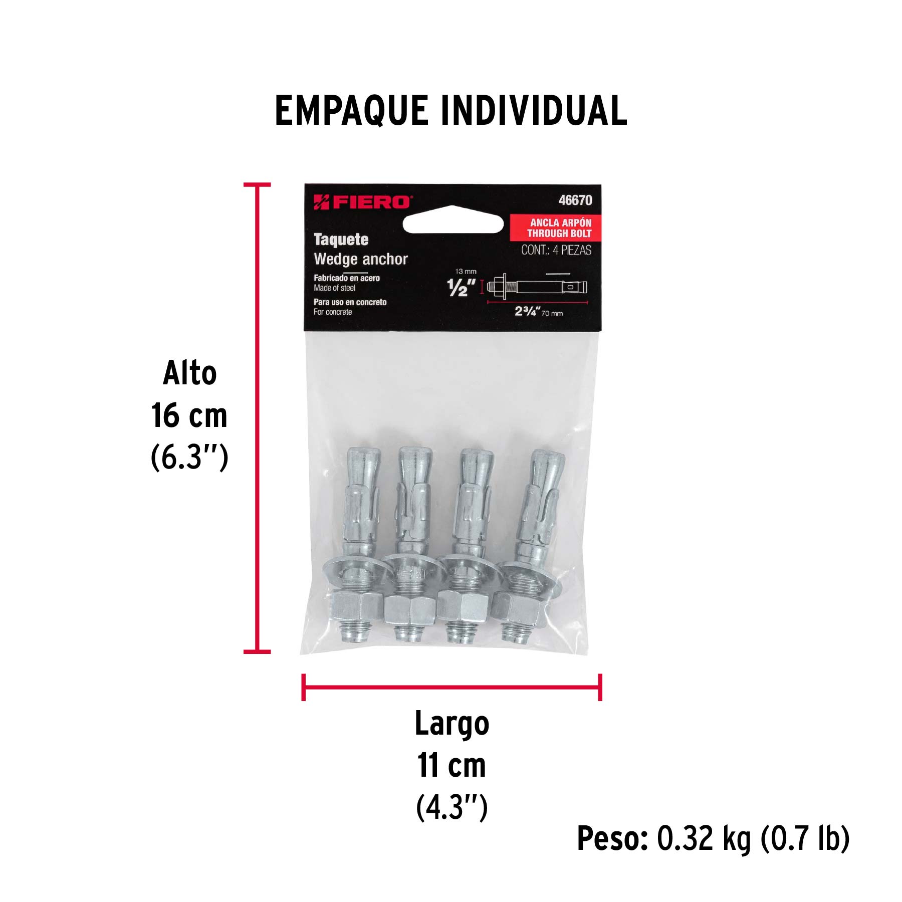 Bolsa con 4 taquetes arpón 1/2" x 2-3/4", FIERO - Empaque