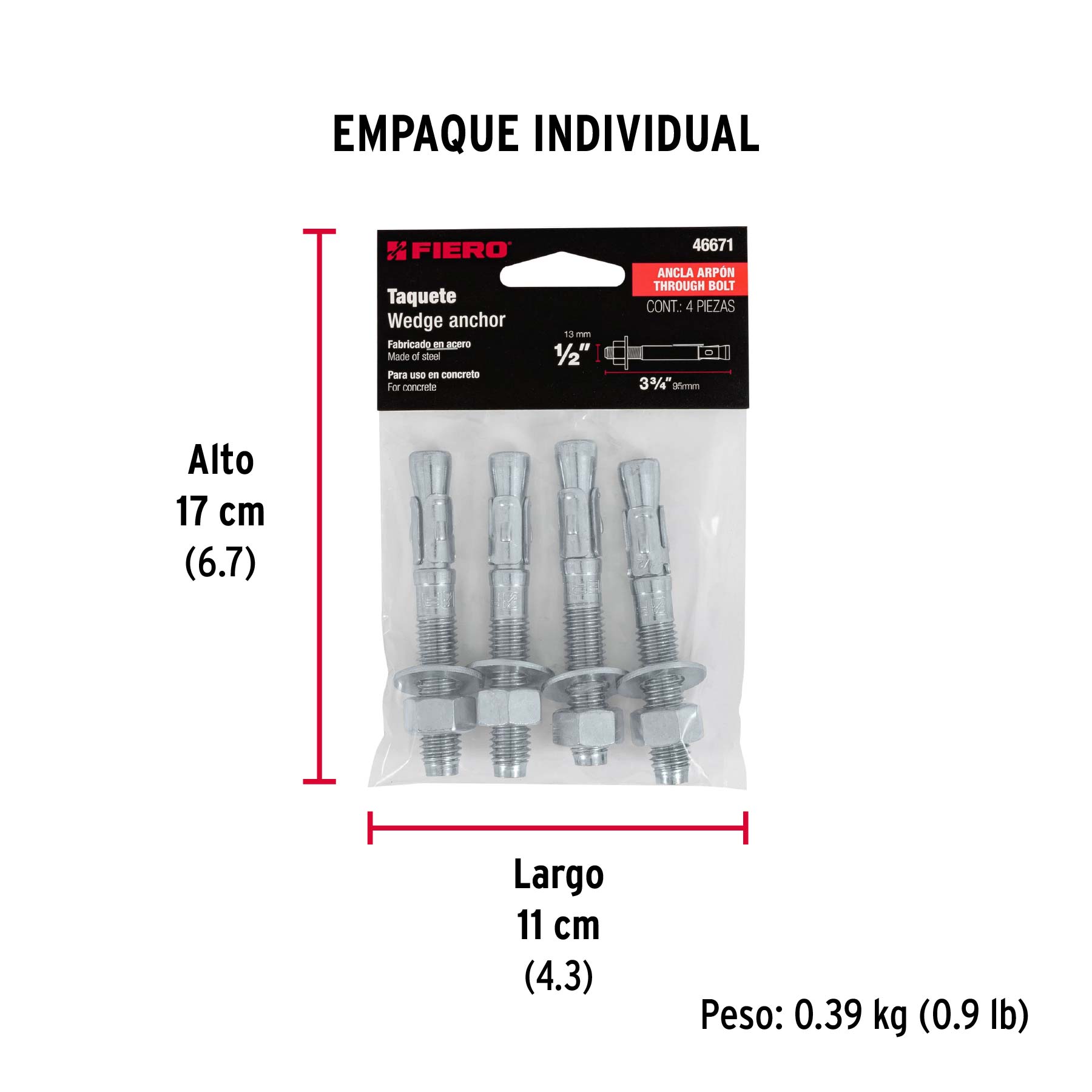 Bolsa con 4 taquetes arpón 1/2" x 3-3/4", FIERO - Empaque