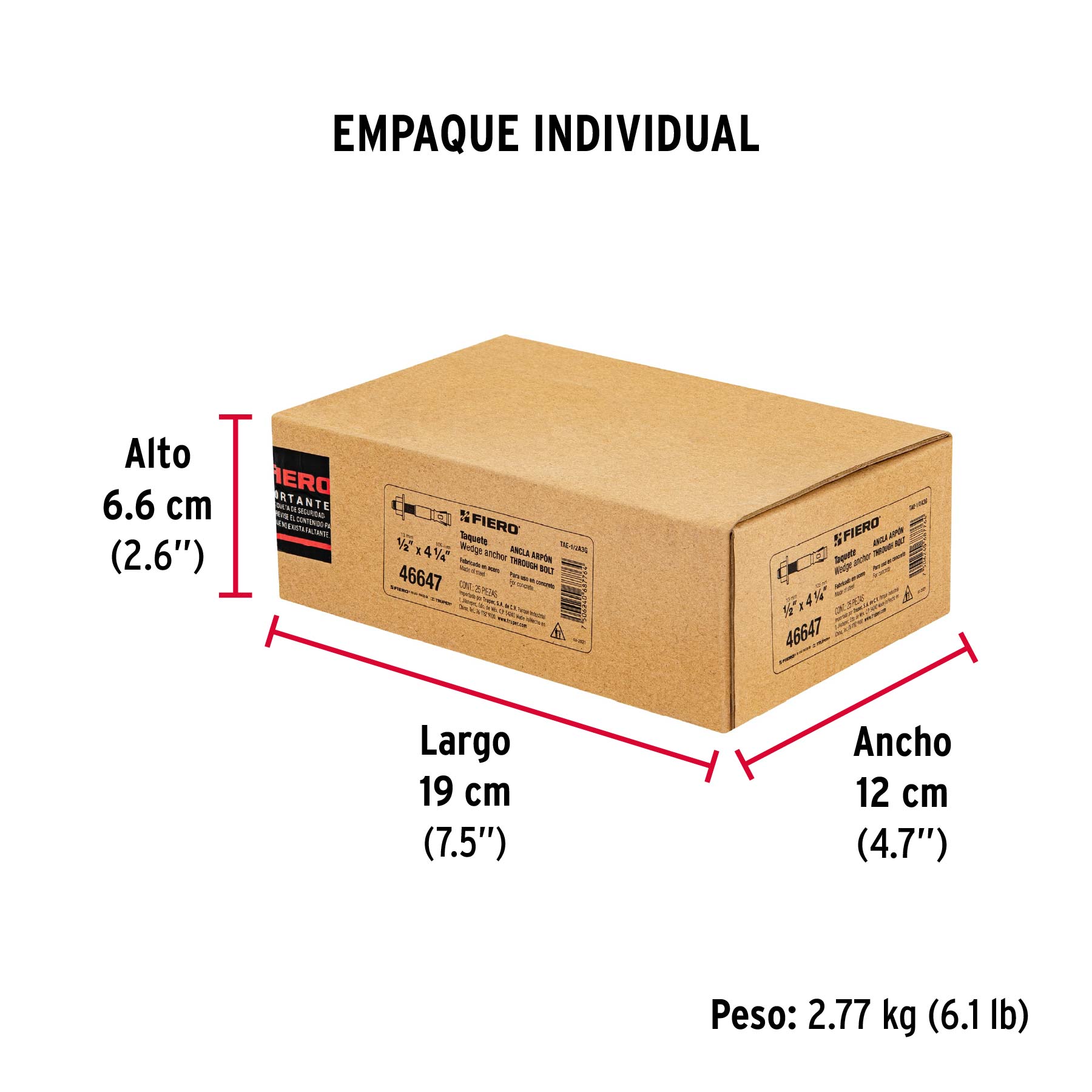 Caja con 25 taquetes arpón de 1/2" x 4-1/4", FIERO - Empaque