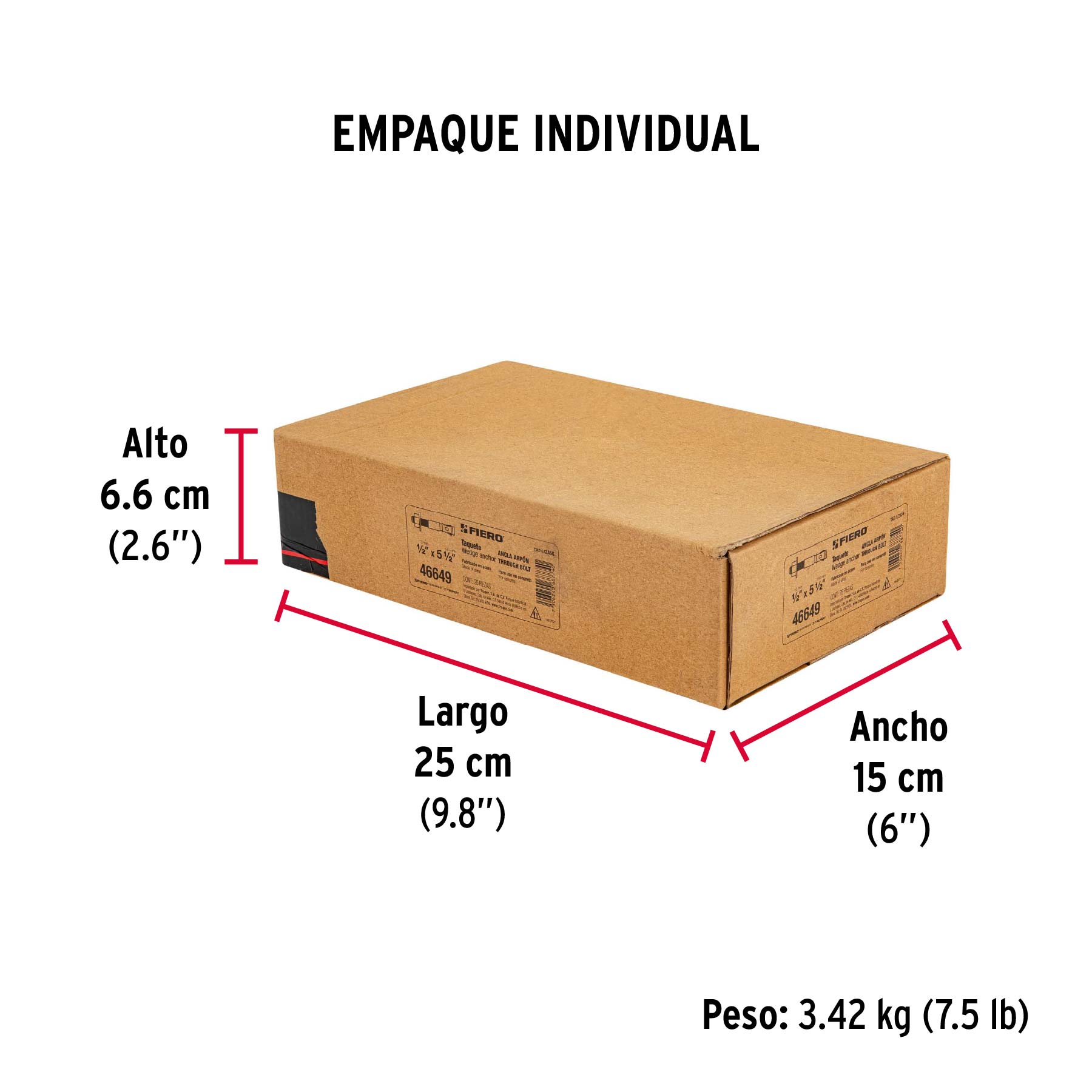 Caja con 25 taquetes arpón de 1/2" x 5-1/2", FIERO - Empaque