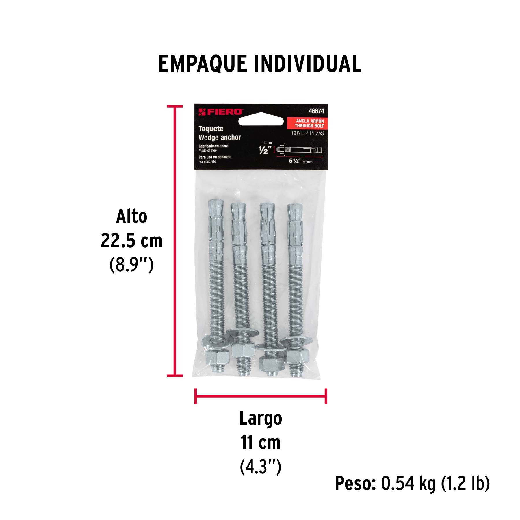 Bolsa con 4 taquetes arpón 1/2" x 5-1/2", FIERO - Empaque